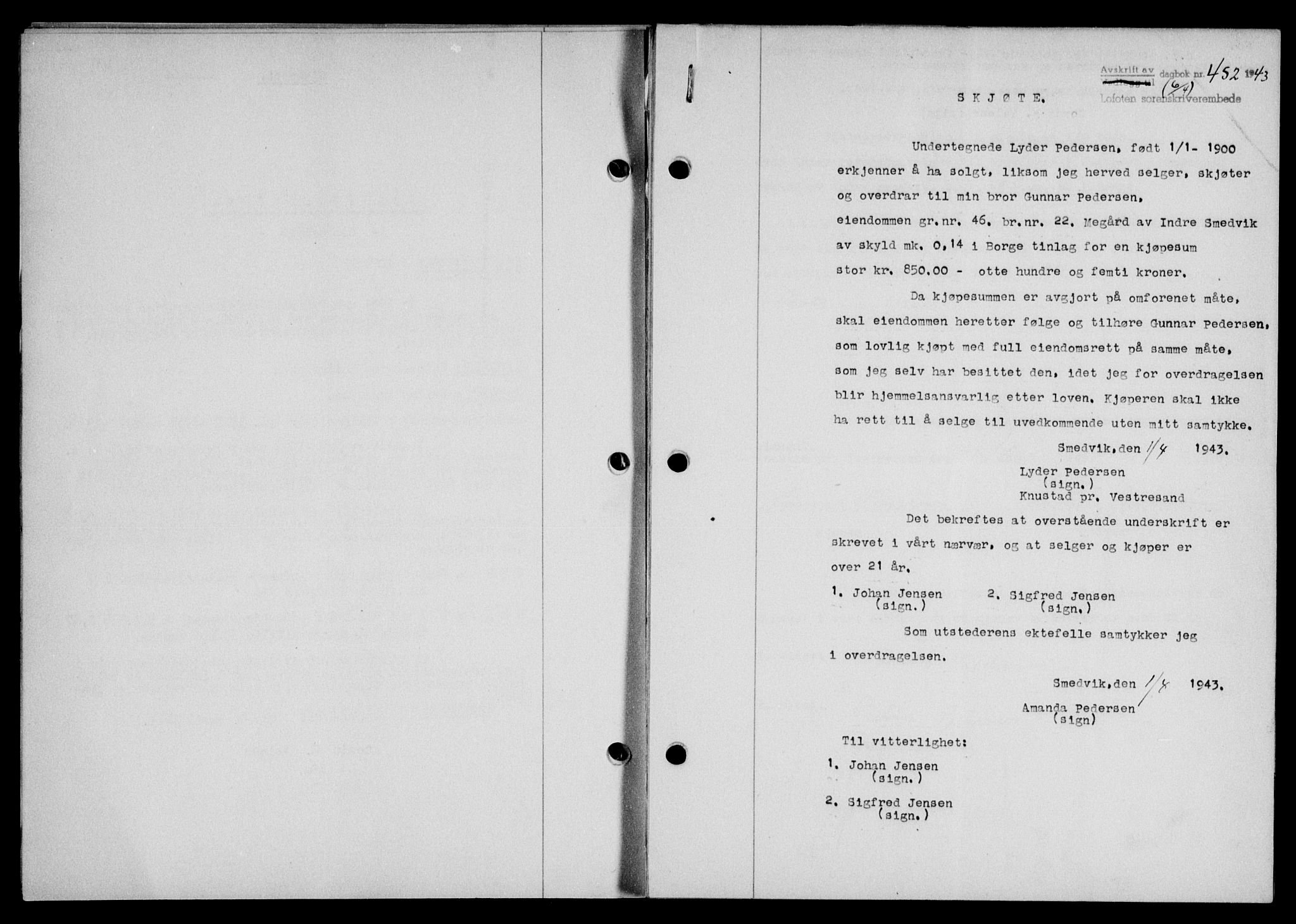 Lofoten sorenskriveri, SAT/A-0017/1/2/2C/L0011a: Mortgage book no. 11a, 1943-1943, Diary no: : 452/1943