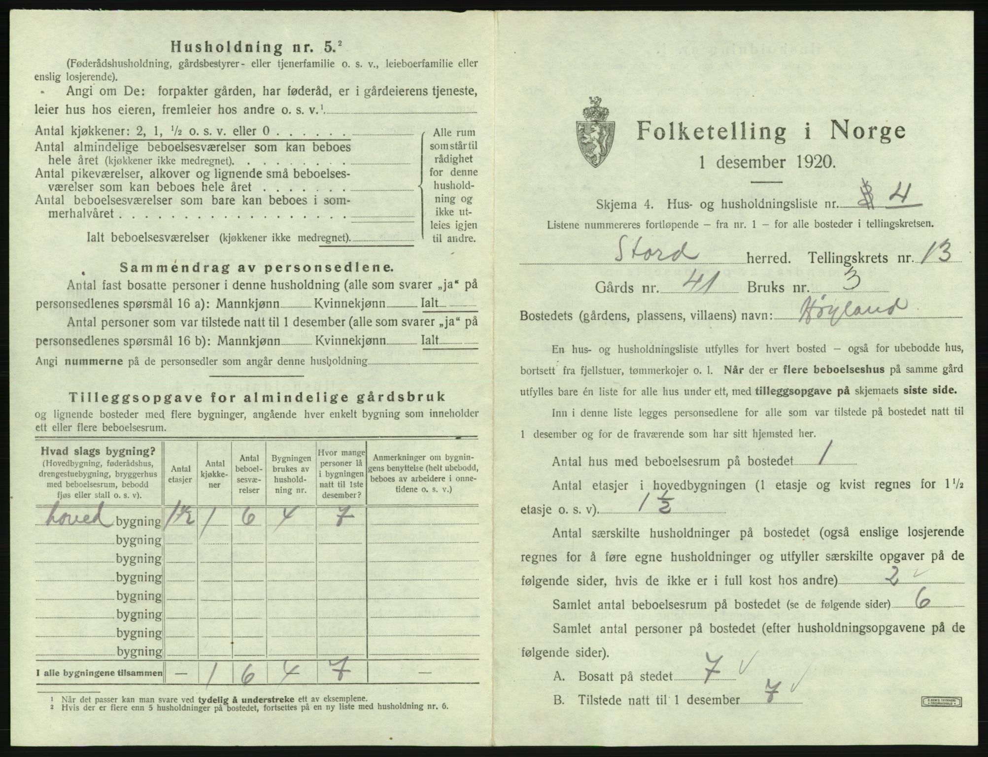 SAB, 1920 census for Stord, 1920, p. 915