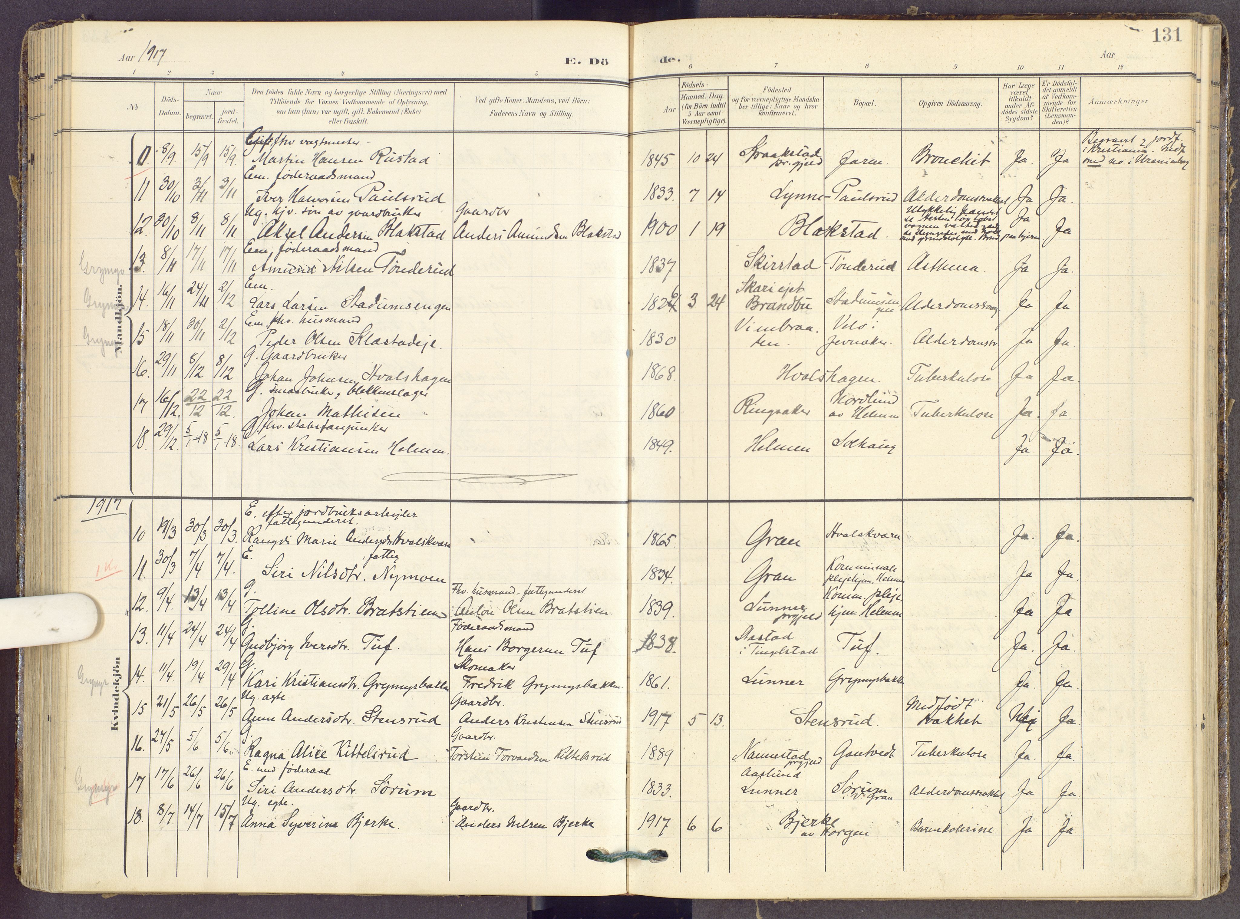 Gran prestekontor, SAH/PREST-112/H/Ha/Haa/L0022: Parish register (official) no. 22, 1908-1918, p. 131
