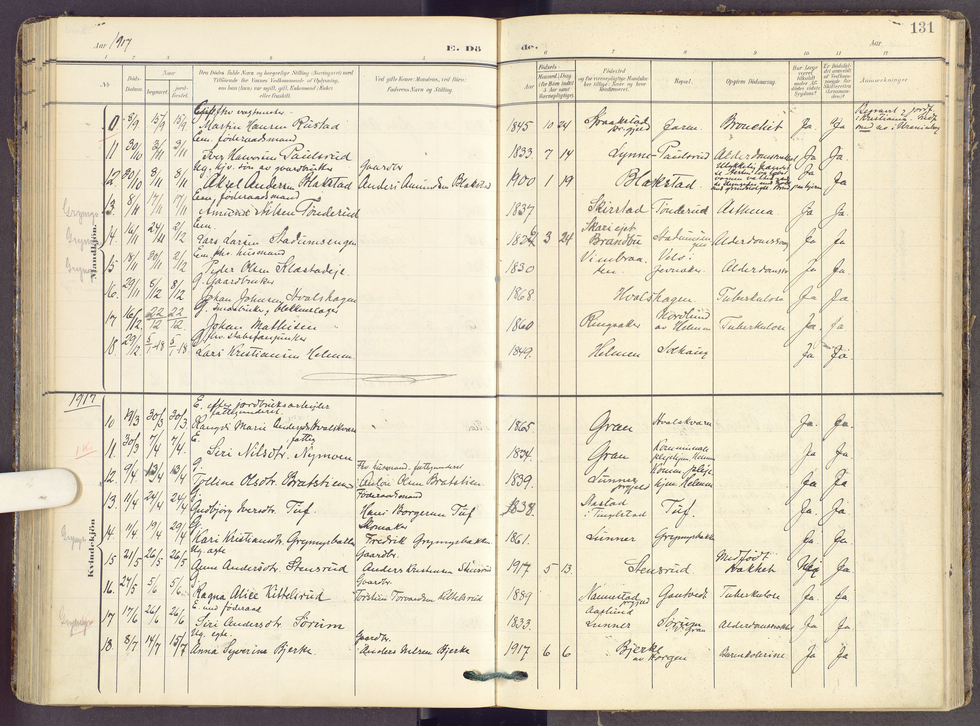 Gran prestekontor, AV/SAH-PREST-112/H/Ha/Haa/L0022: Parish register (official) no. 22, 1908-1918, p. 131