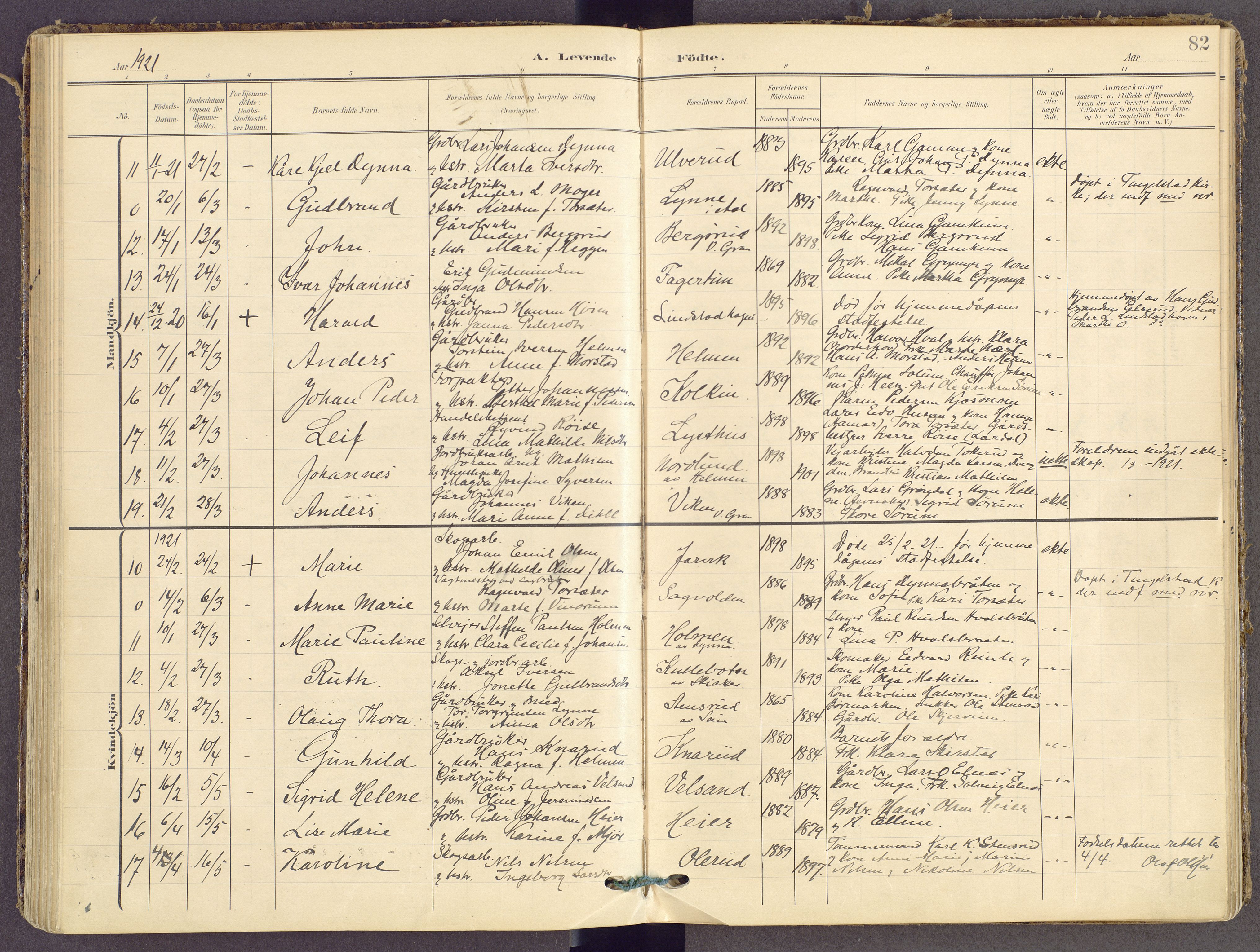 Gran prestekontor, SAH/PREST-112/H/Ha/Haa/L0021: Parish register (official) no. 21, 1908-1932, p. 82