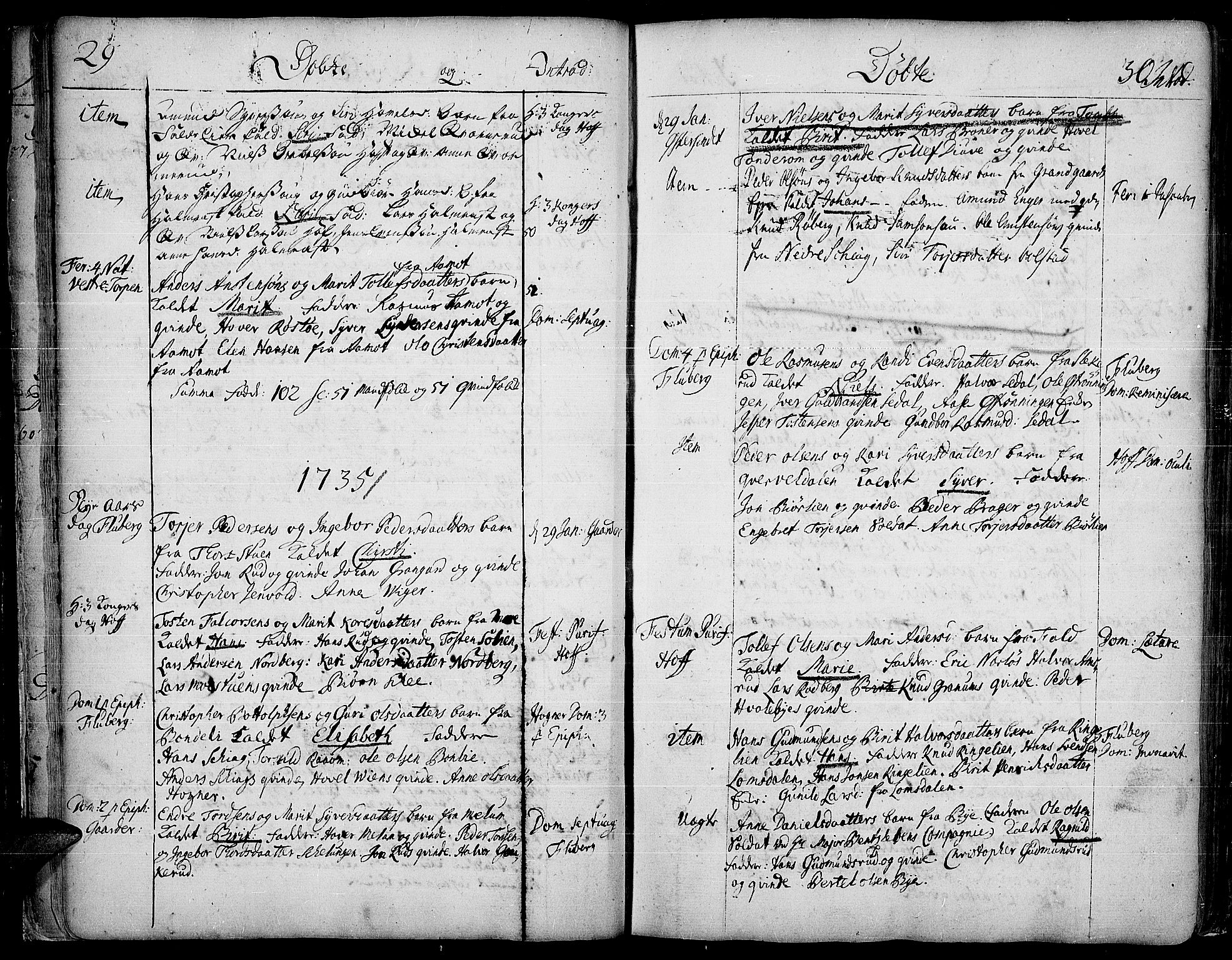 Land prestekontor, AV/SAH-PREST-120/H/Ha/Haa/L0002: Parish register (official) no. 2, 1733-1764, p. 29-30