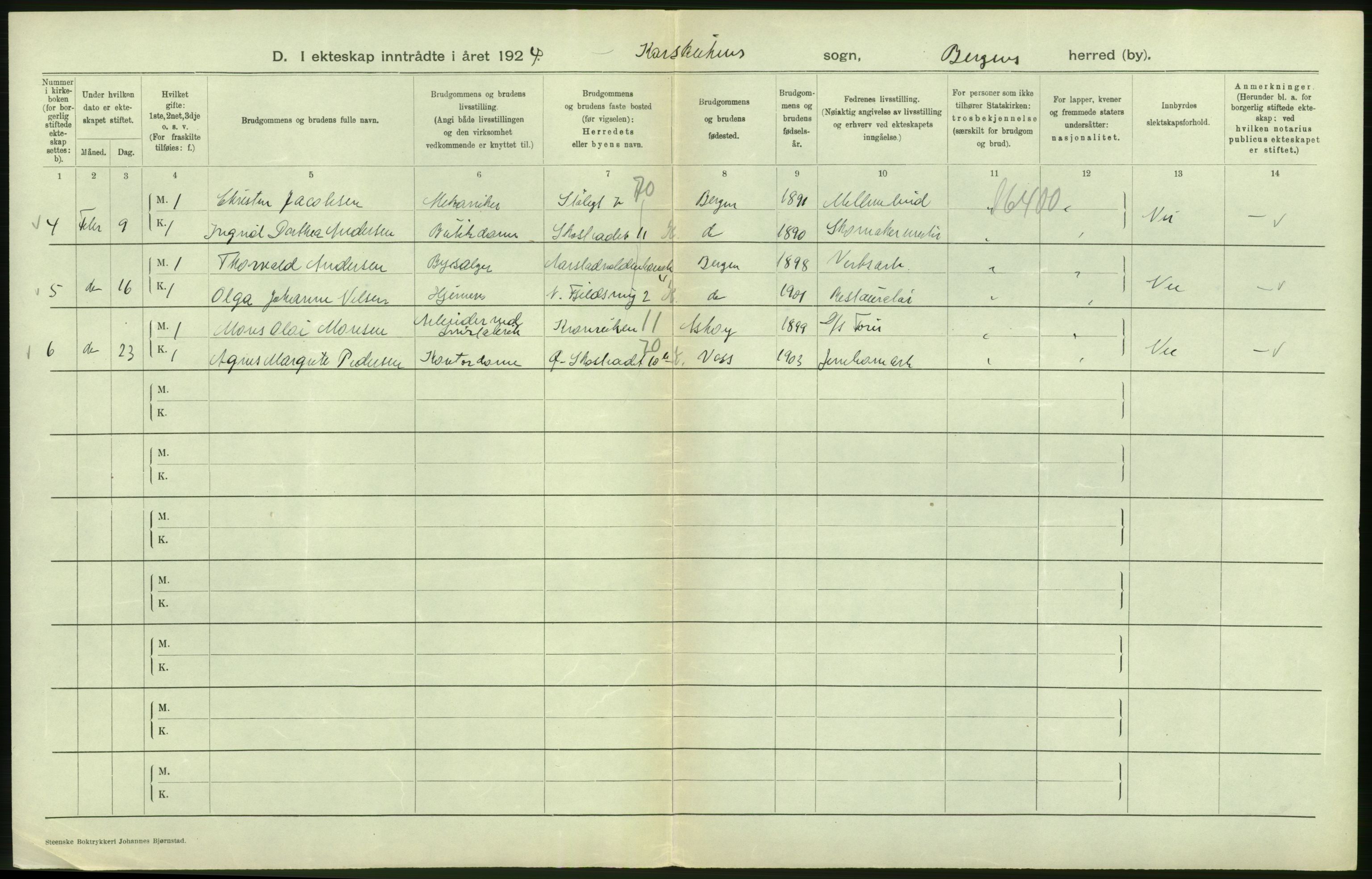 Statistisk sentralbyrå, Sosiodemografiske emner, Befolkning, RA/S-2228/D/Df/Dfc/Dfcd/L0028: Bergen: Gifte, døde., 1924, p. 46