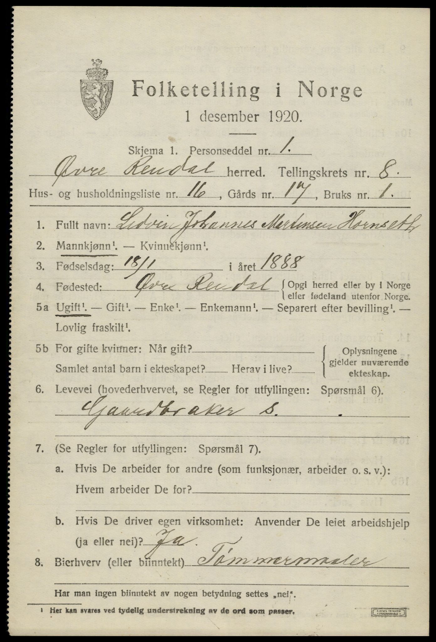 SAH, 1920 census for Øvre Rendal, 1920, p. 3033