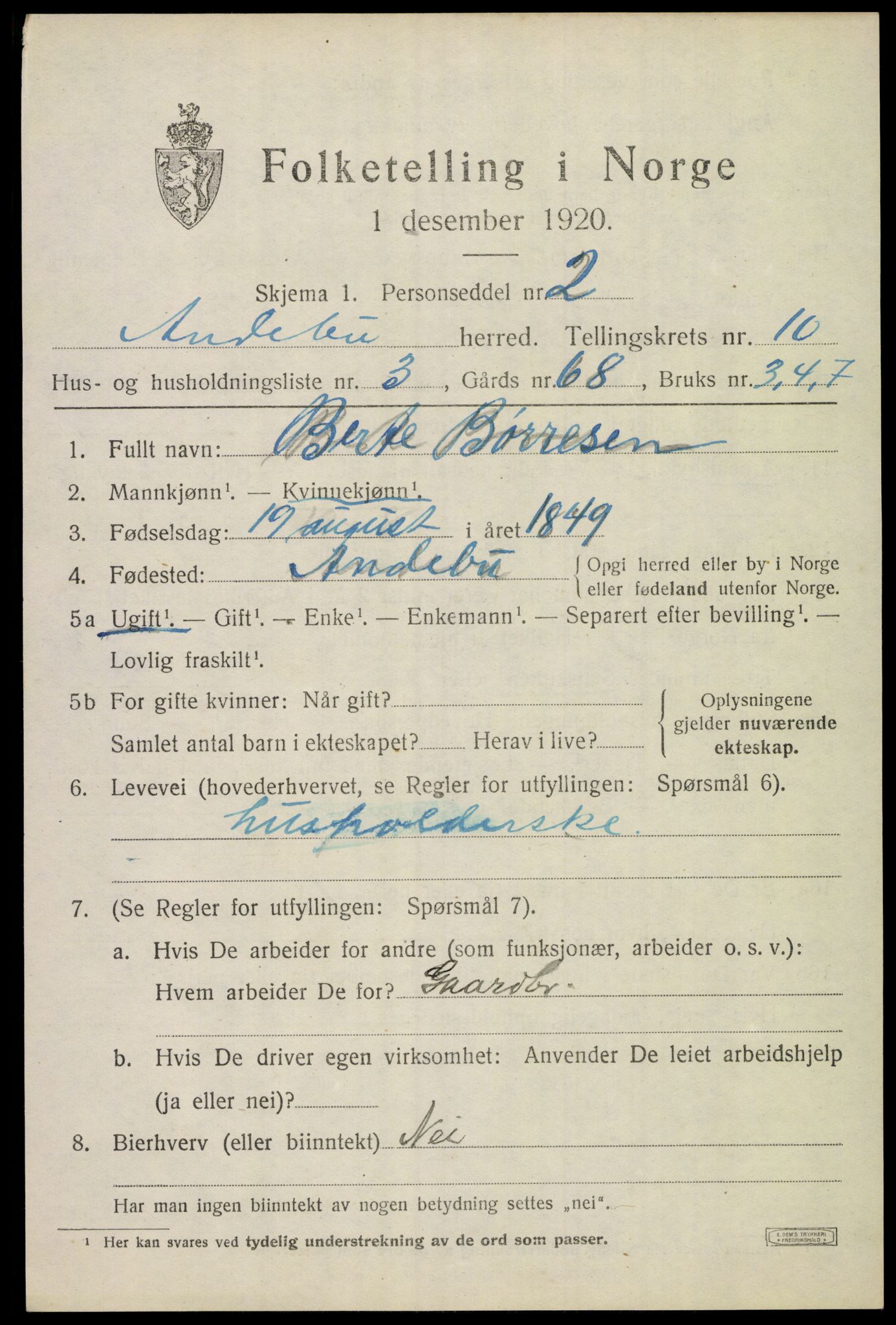 SAKO, 1920 census for Andebu, 1920, p. 4084