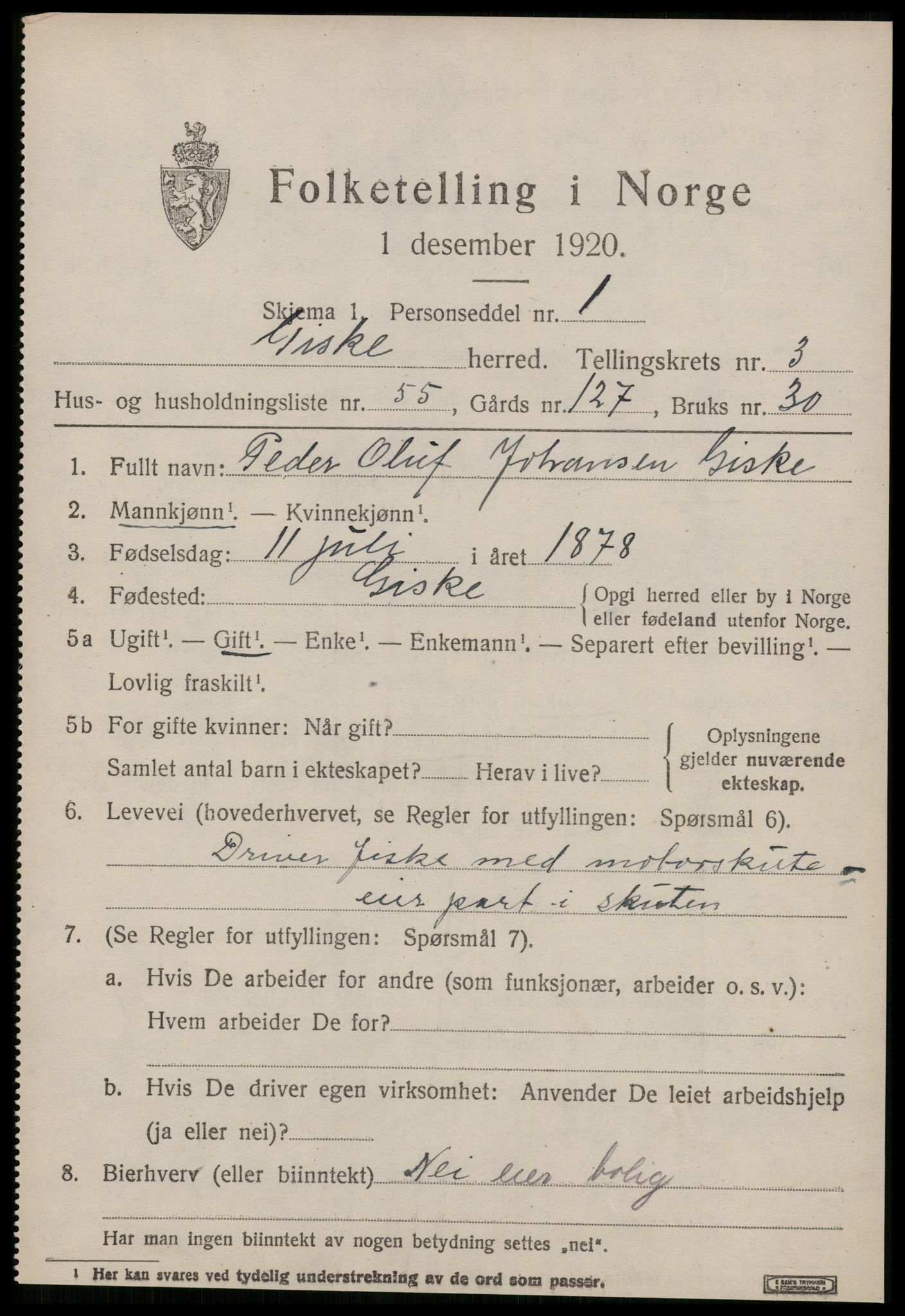 SAT, 1920 census for Giske, 1920, p. 2598