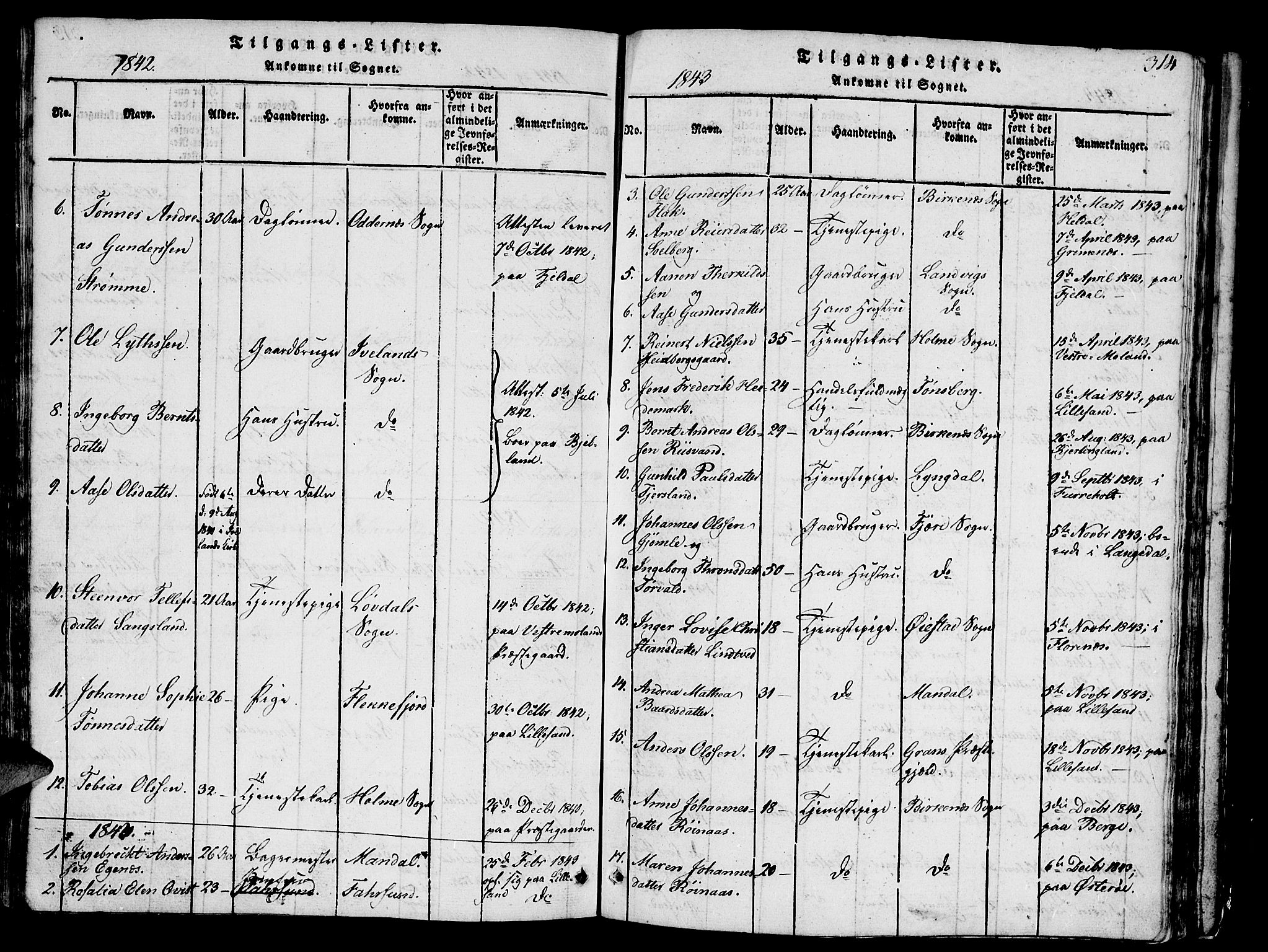 Vestre Moland sokneprestkontor, SAK/1111-0046/F/Fb/Fbb/L0001: Parish register (copy) no. B 1, 1816-1851, p. 314