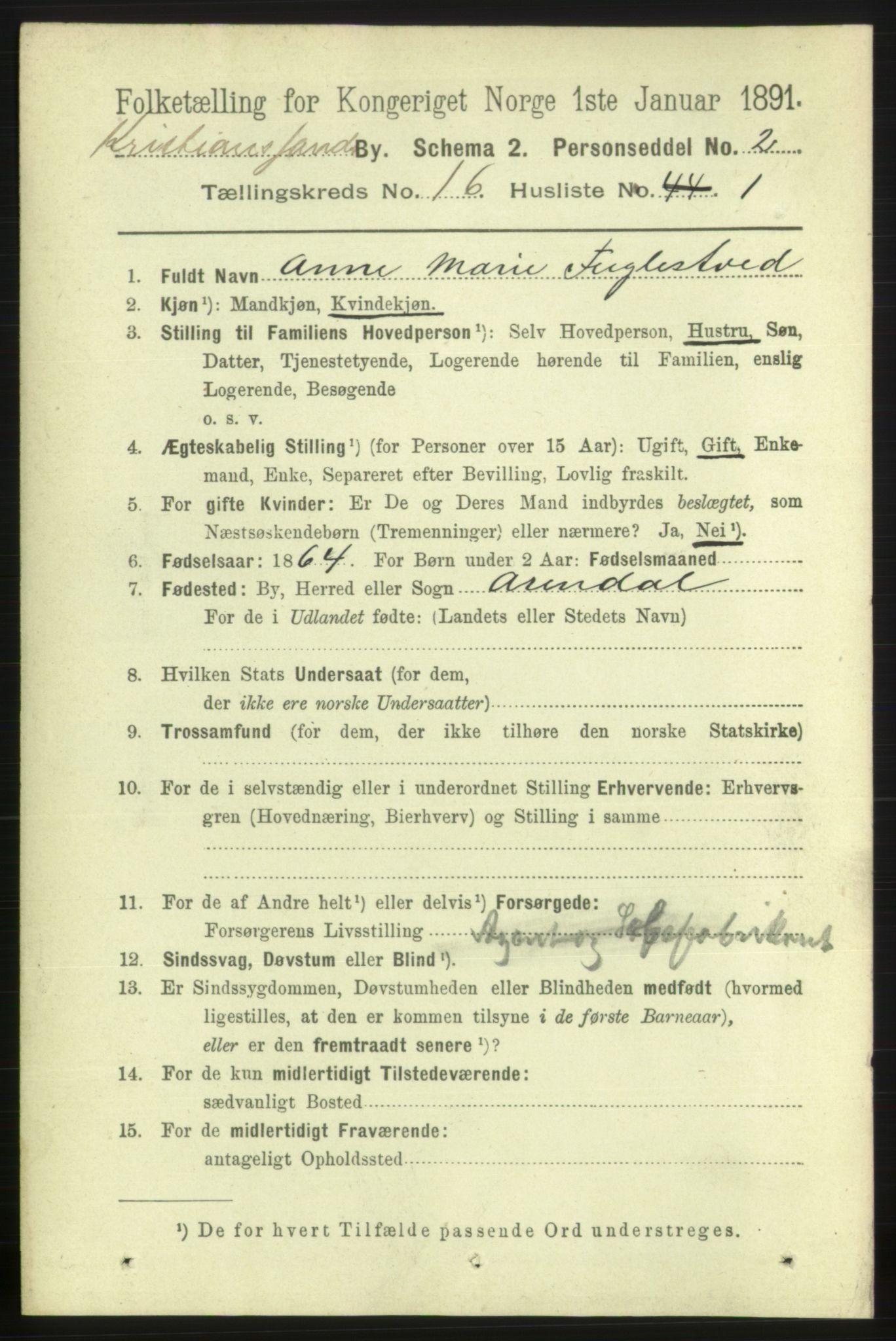 RA, 1891 census for 1001 Kristiansand, 1891, p. 6407