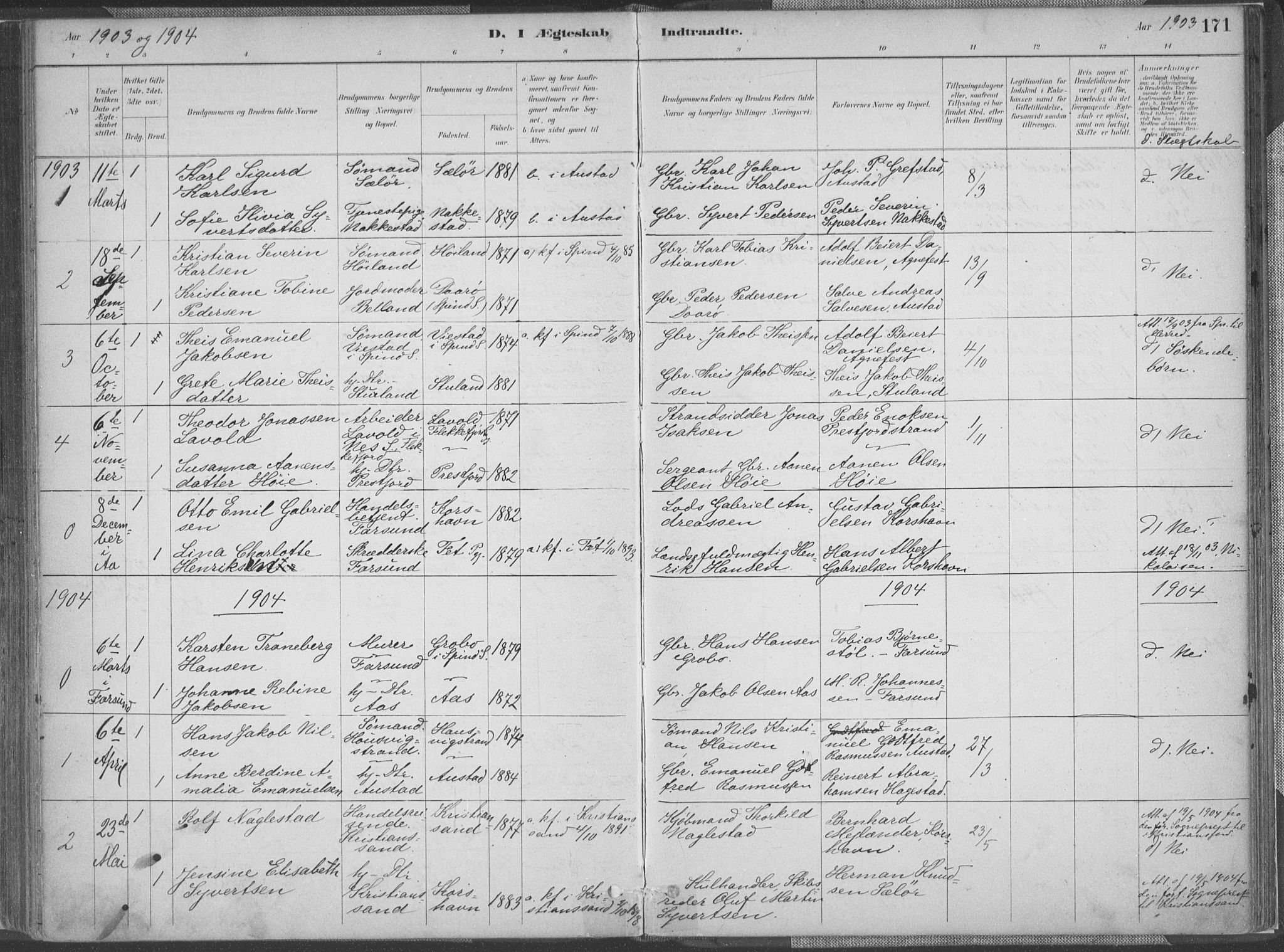 Lyngdal sokneprestkontor, SAK/1111-0029/F/Fa/Faa/L0004: Parish register (official) no. A 4, 1883-1904, p. 171