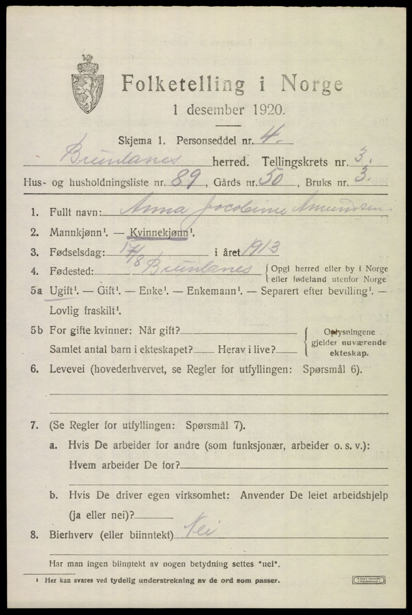 SAKO, 1920 census for Brunlanes, 1920, p. 5773