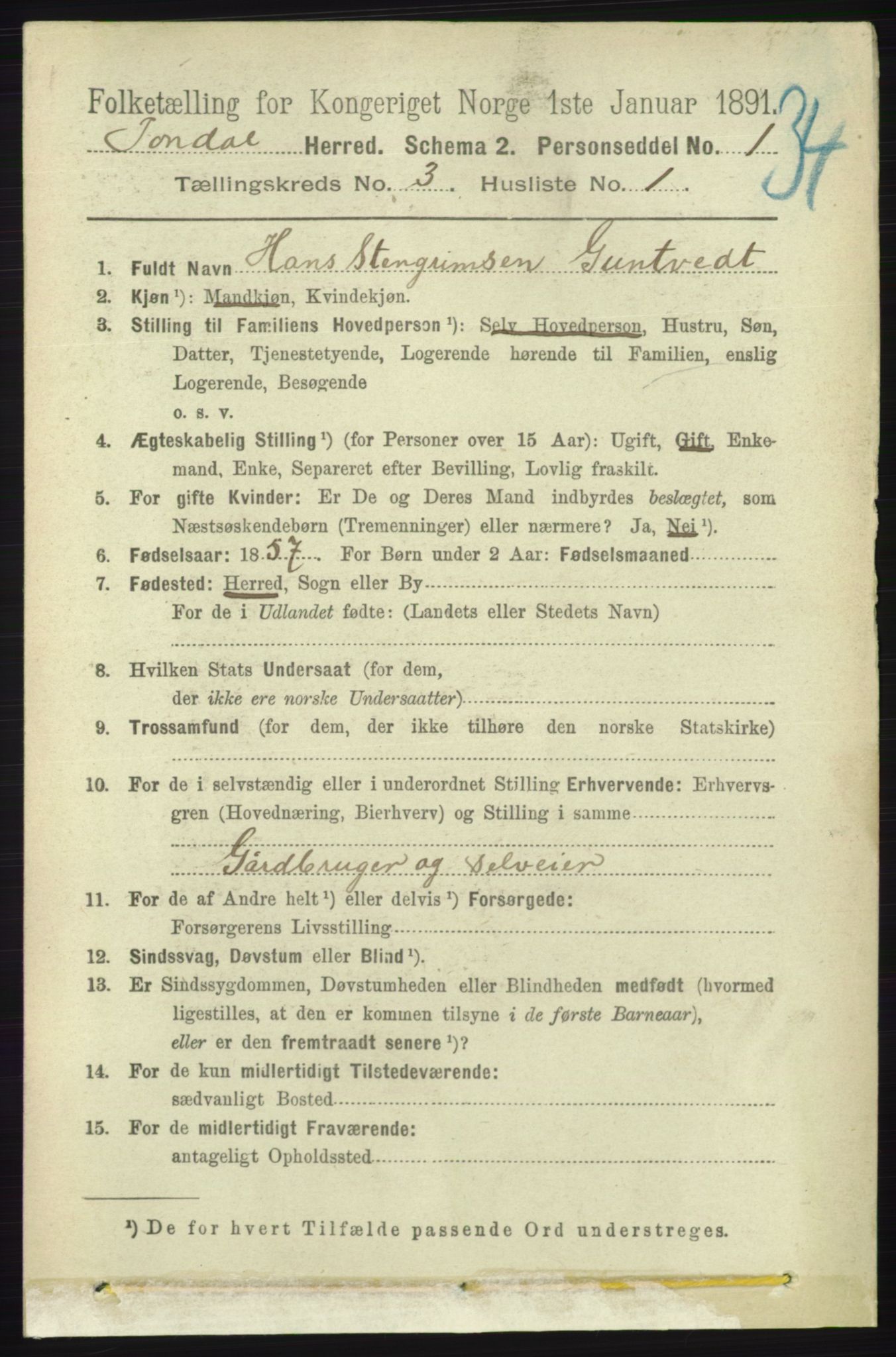 RA, 1891 census for 1227 Jondal, 1891, p. 1300