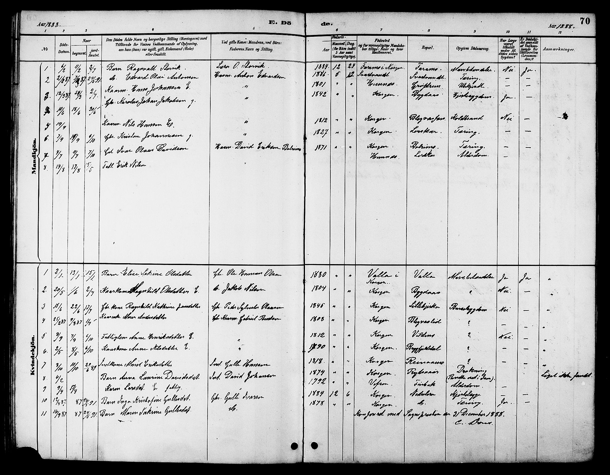 Ministerialprotokoller, klokkerbøker og fødselsregistre - Nordland, AV/SAT-A-1459/826/L0383: Parish register (copy) no. 826C03, 1887-1896, p. 70