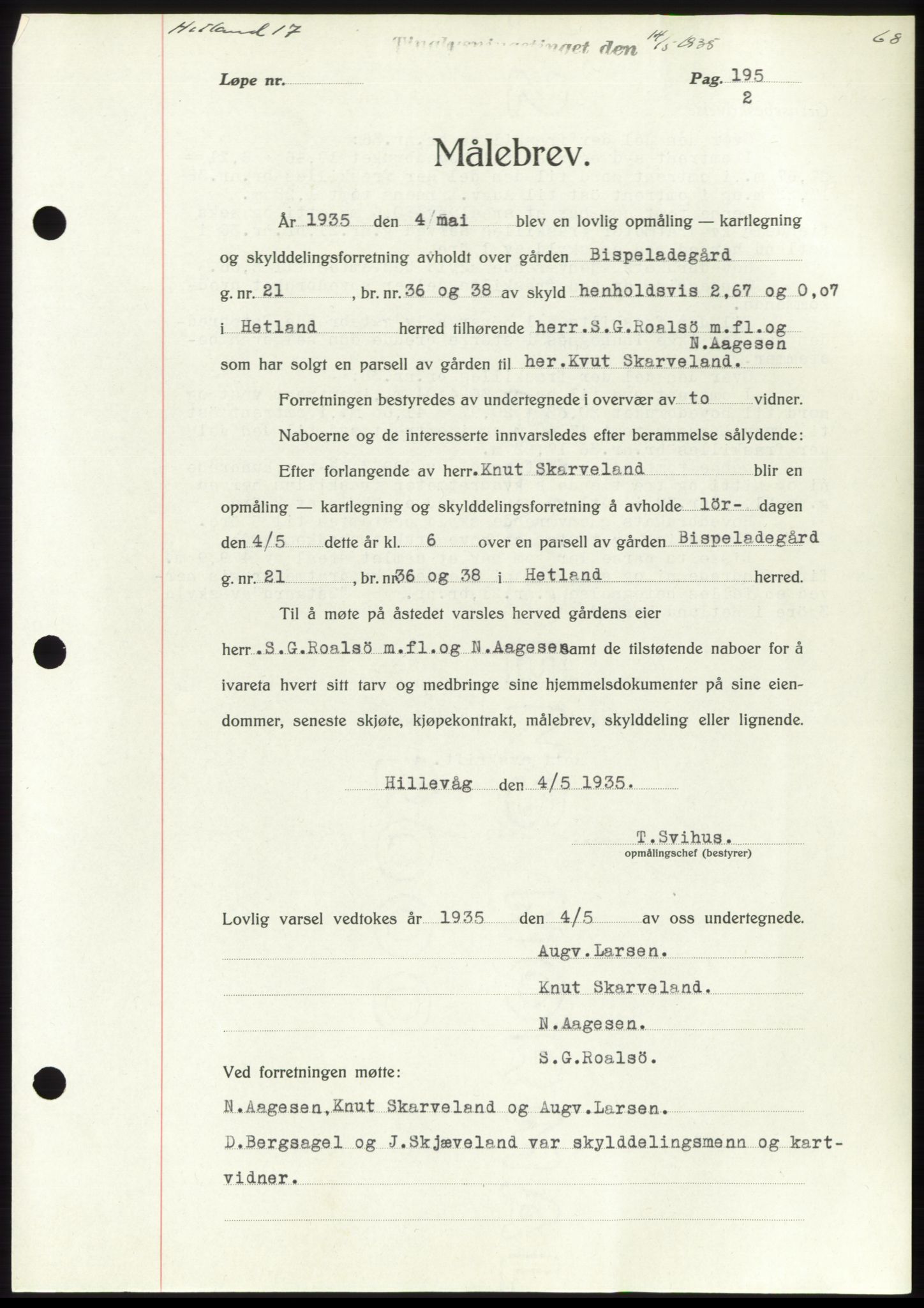 Jæren sorenskriveri, SAST/A-100310/03/G/Gba/L0063: Mortgage book no. 68, 1935-1935, Deed date: 14.05.1935