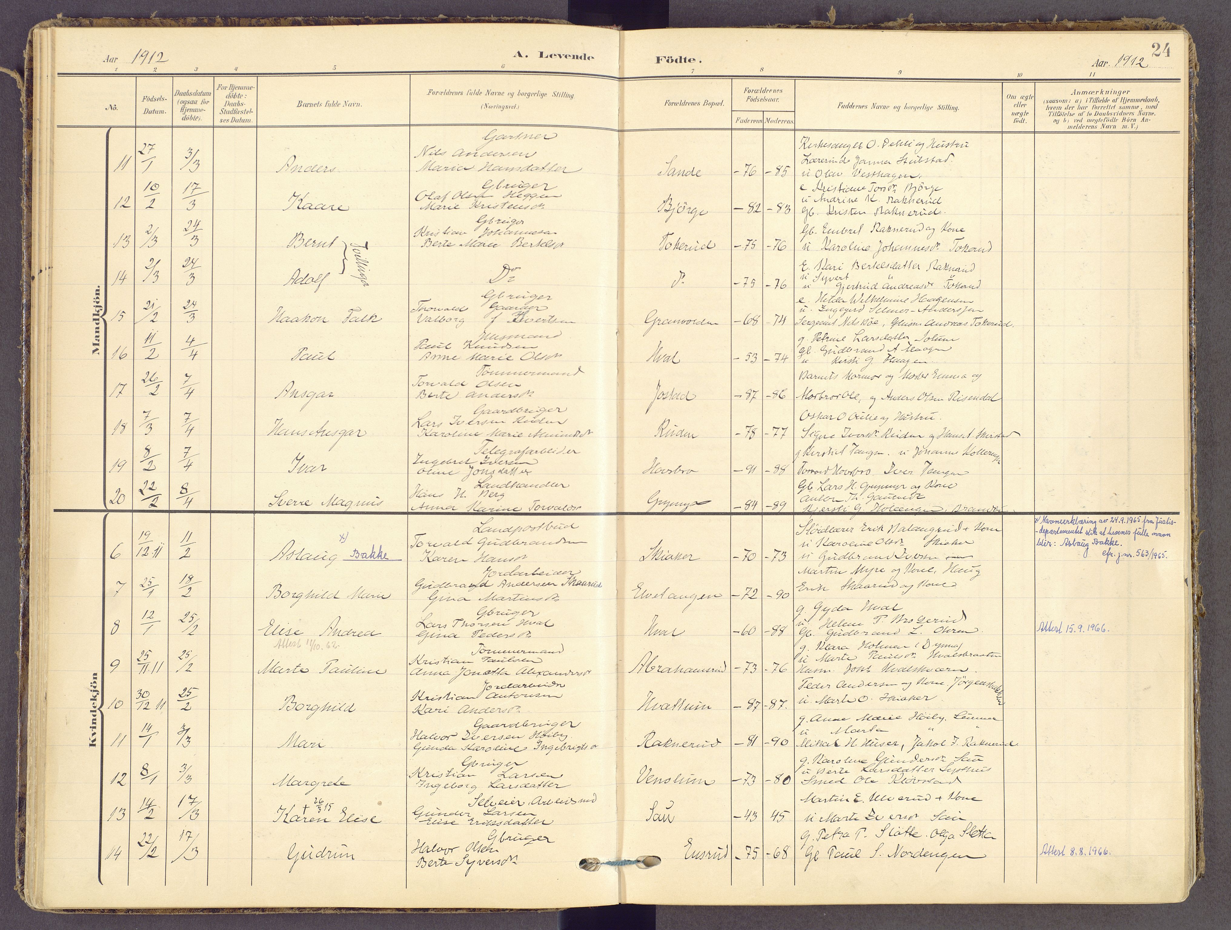 Gran prestekontor, SAH/PREST-112/H/Ha/Haa/L0021: Parish register (official) no. 21, 1908-1932, p. 24