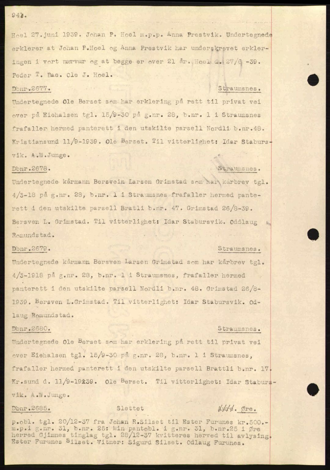 Nordmøre sorenskriveri, AV/SAT-A-4132/1/2/2Ca: Mortgage book no. C80, 1936-1939, Diary no: : 2677/1939