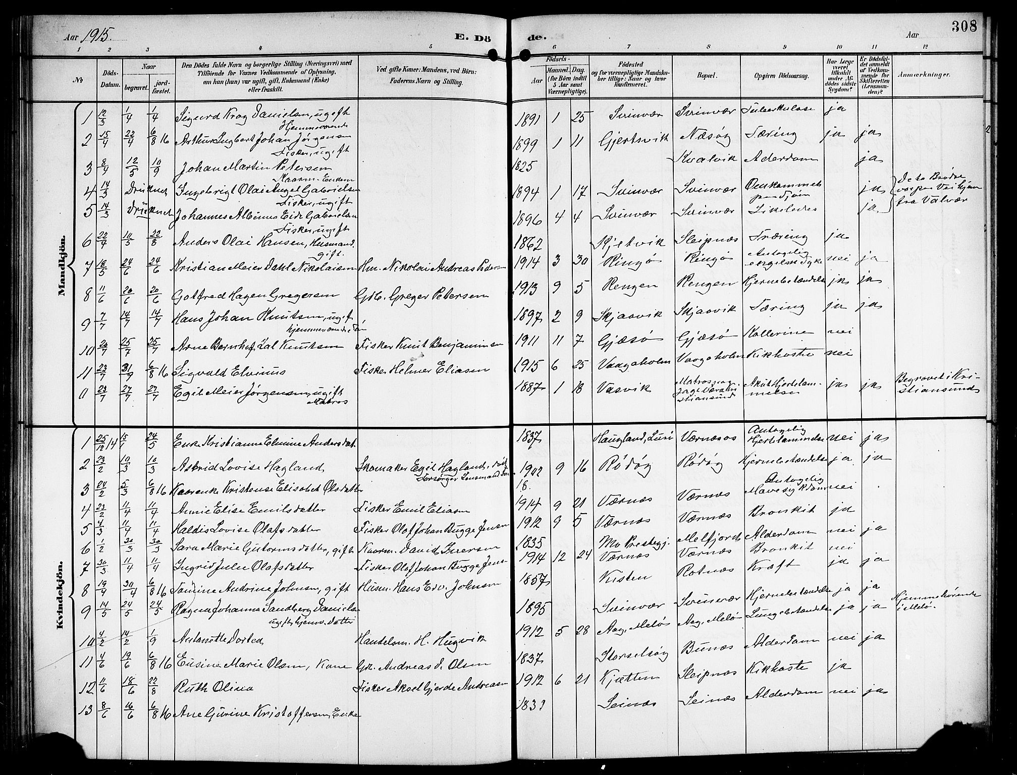 Ministerialprotokoller, klokkerbøker og fødselsregistre - Nordland, SAT/A-1459/841/L0621: Parish register (copy) no. 841C05, 1897-1923, p. 308