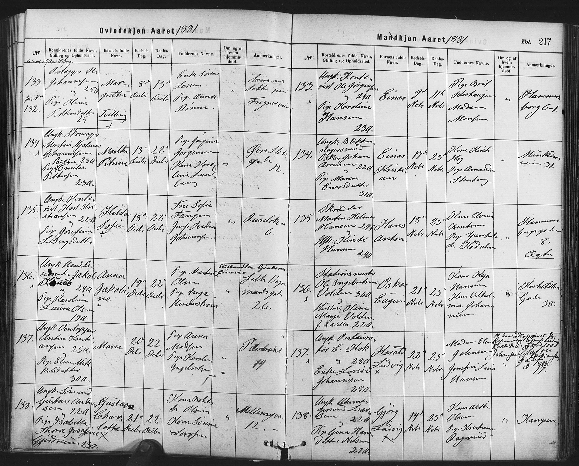 Rikshospitalet prestekontor Kirkebøker, SAO/A-10309b/F/L0006: Parish register (official) no. 6, 1871-1885, p. 217