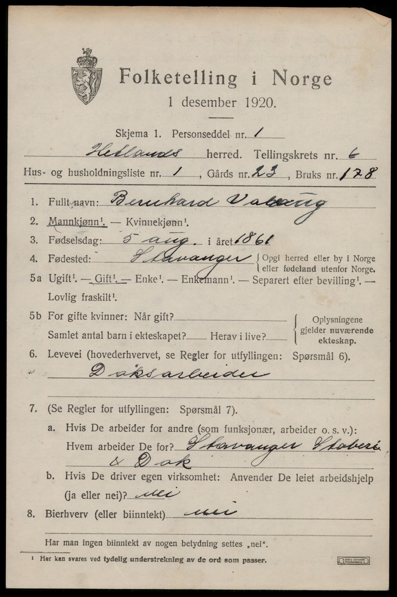 SAST, 1920 census for Hetland, 1920, p. 9457