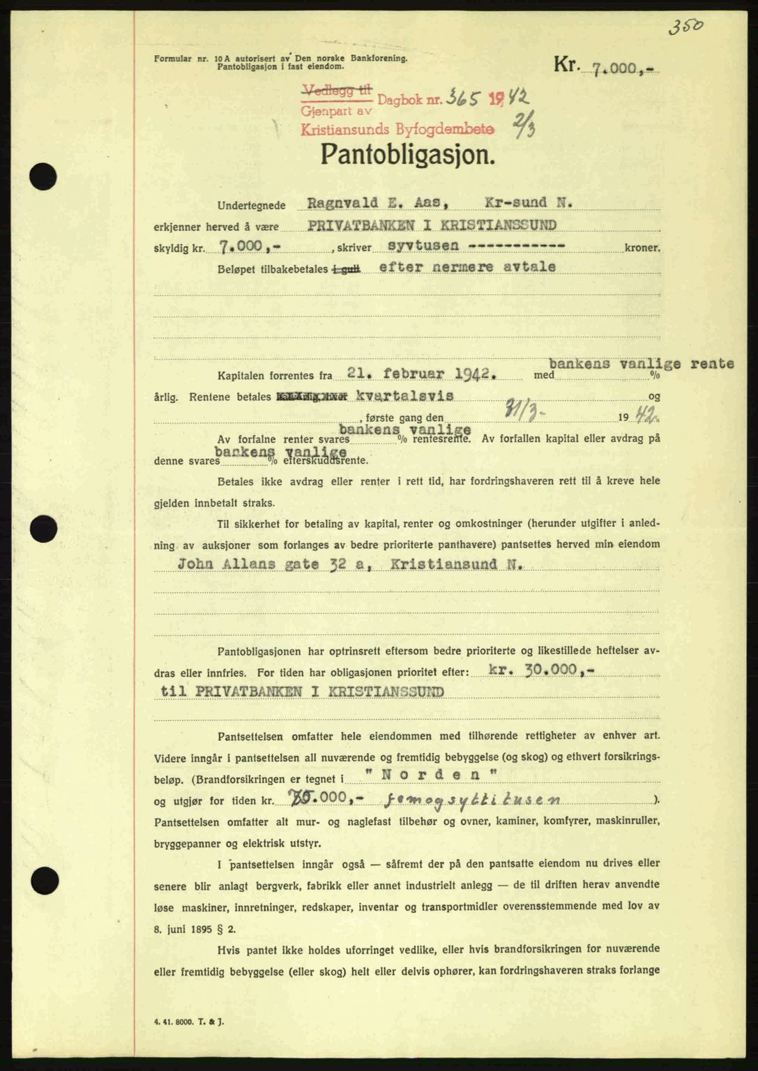 Kristiansund byfogd, AV/SAT-A-4587/A/27: Mortgage book no. 35, 1941-1942, Diary no: : 365/1942