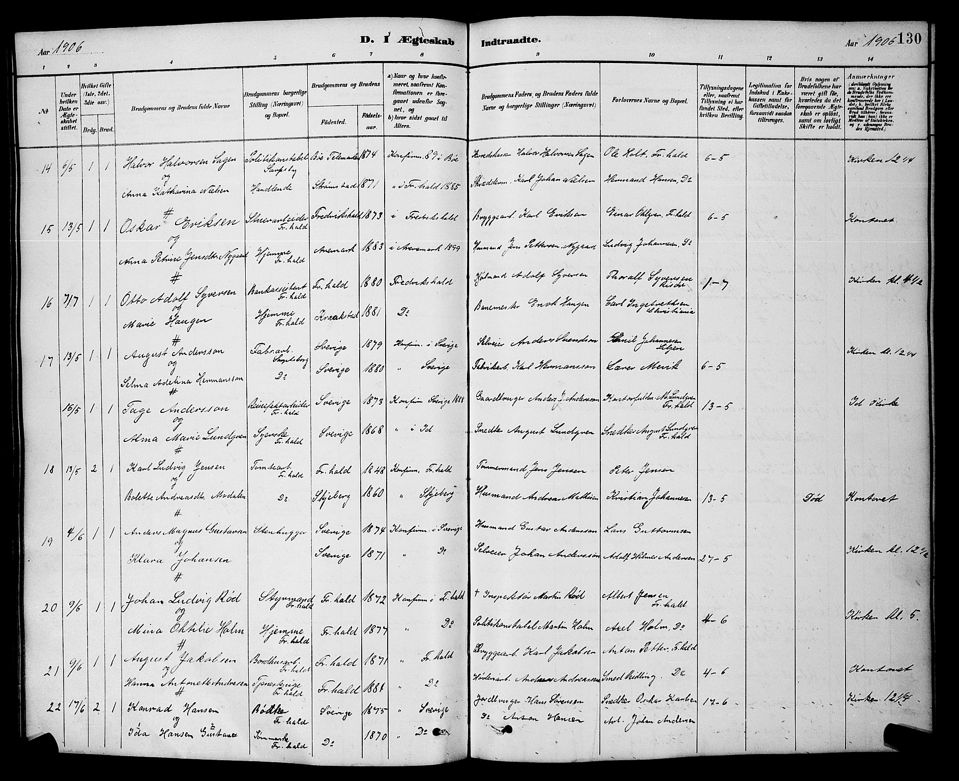 Halden prestekontor Kirkebøker, SAO/A-10909/G/Ga/L0009: Parish register (copy) no. 9, 1885-1908, p. 130