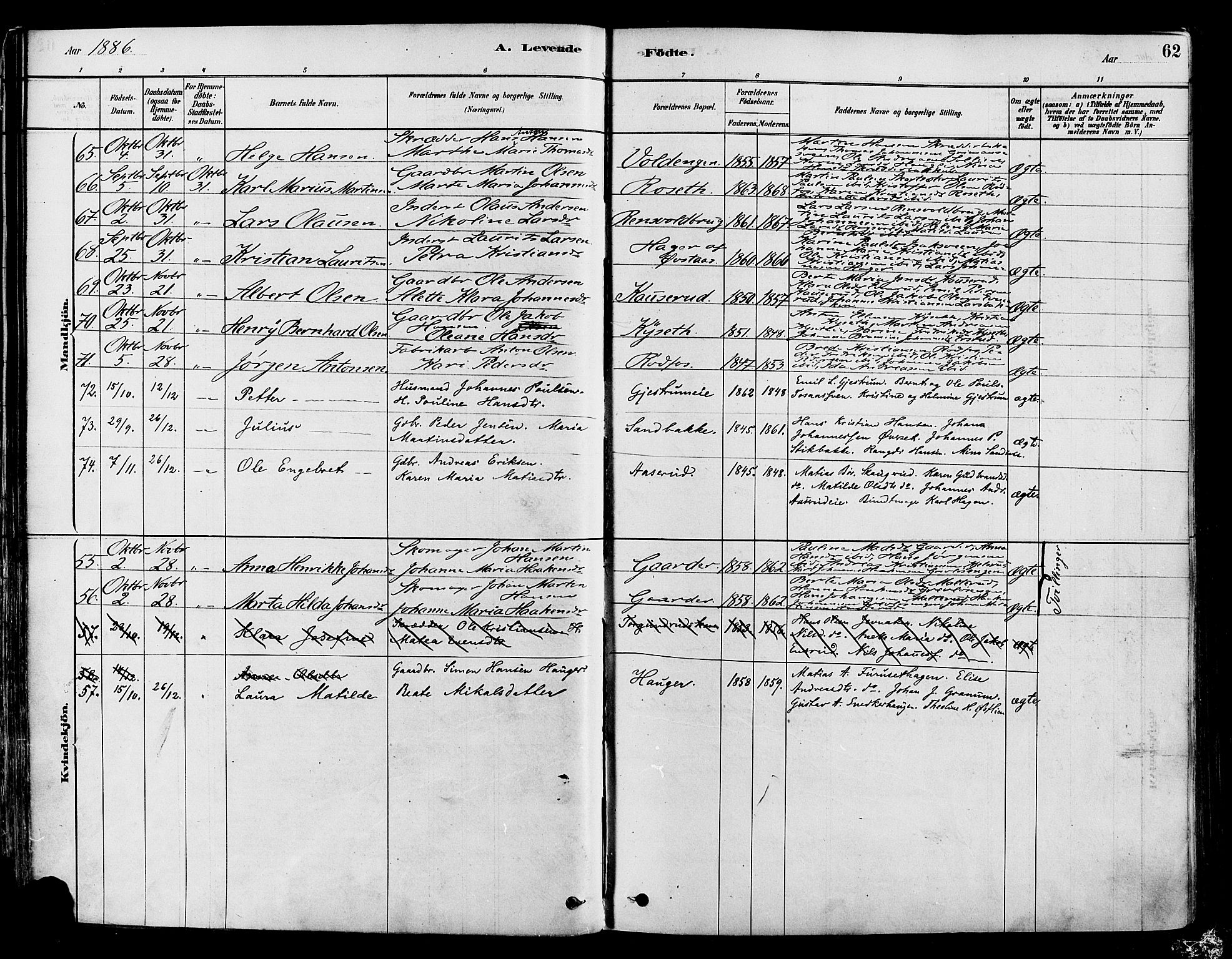 Vestre Toten prestekontor, SAH/PREST-108/H/Ha/Haa/L0009: Parish register (official) no. 9, 1878-1894, p. 62