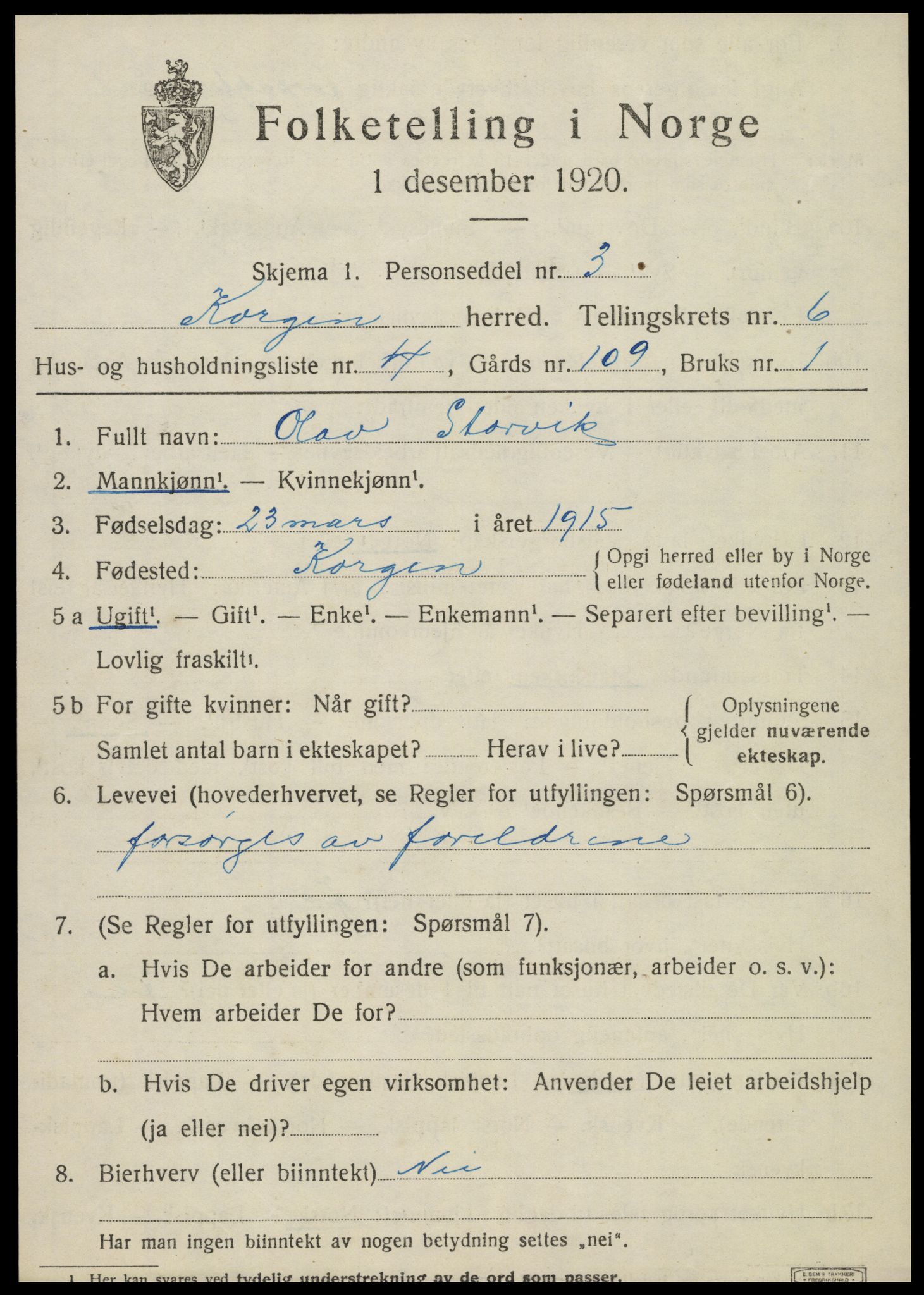 SAT, 1920 census for Korgen, 1920, p. 2456