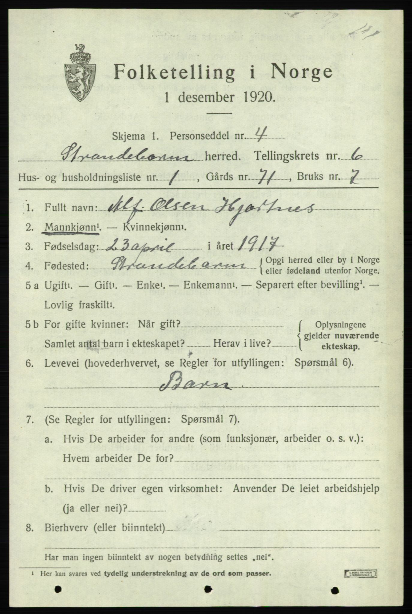 SAB, 1920 census for Strandebarm, 1920, p. 3952