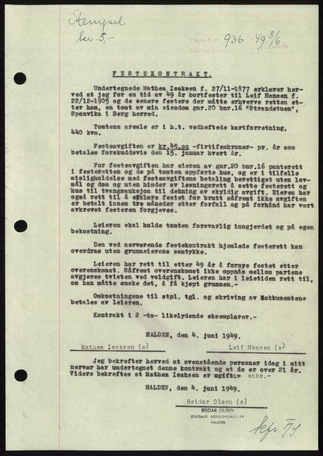 Idd og Marker sorenskriveri, AV/SAO-A-10283/G/Gb/Gbb/L0012: Mortgage book no. A12, 1949-1949, Diary no: : 936/1949