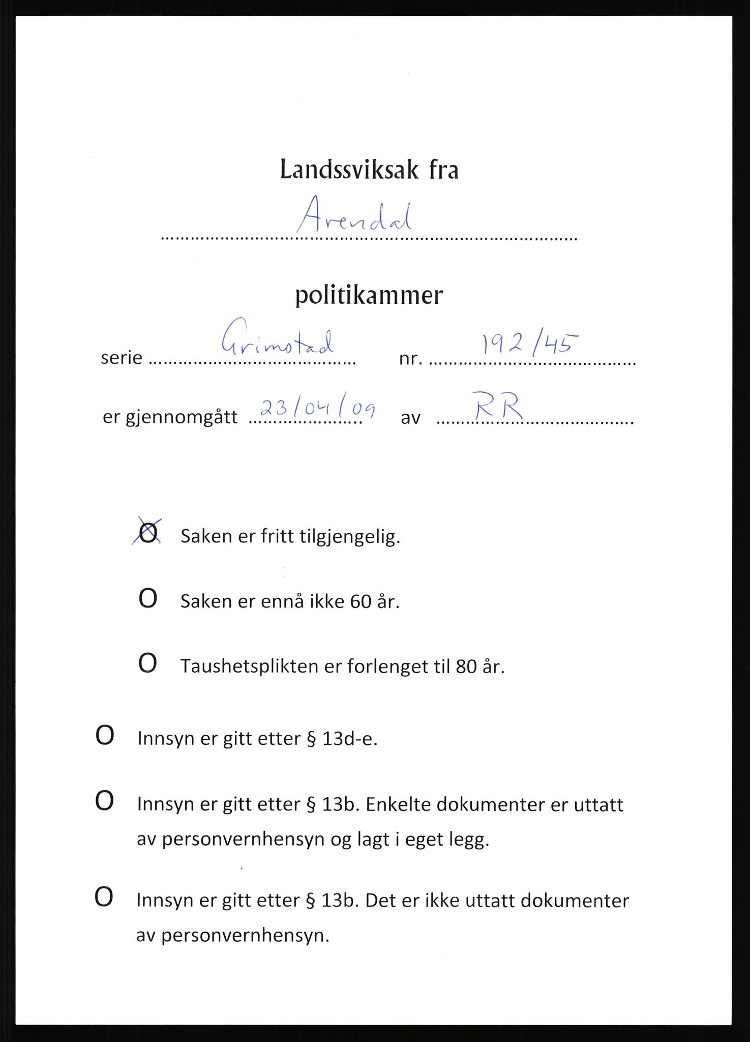 Landssvikarkivet, Arendal politikammer, RA/S-3138-25/D/Dc/L0029: Anr. 192/45, 1945-1951, p. 2