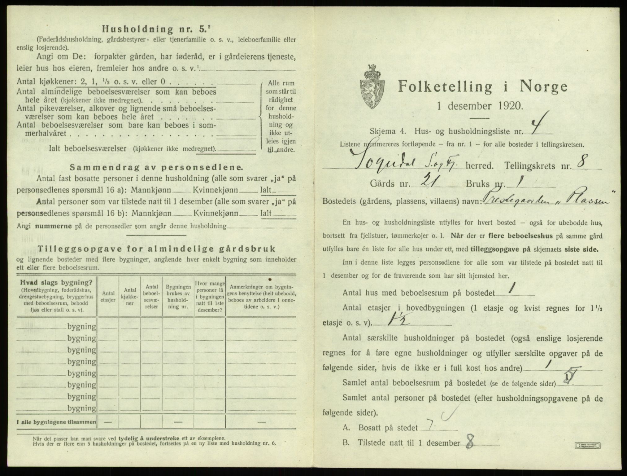 SAB, 1920 census for Sogndal, 1920, p. 454