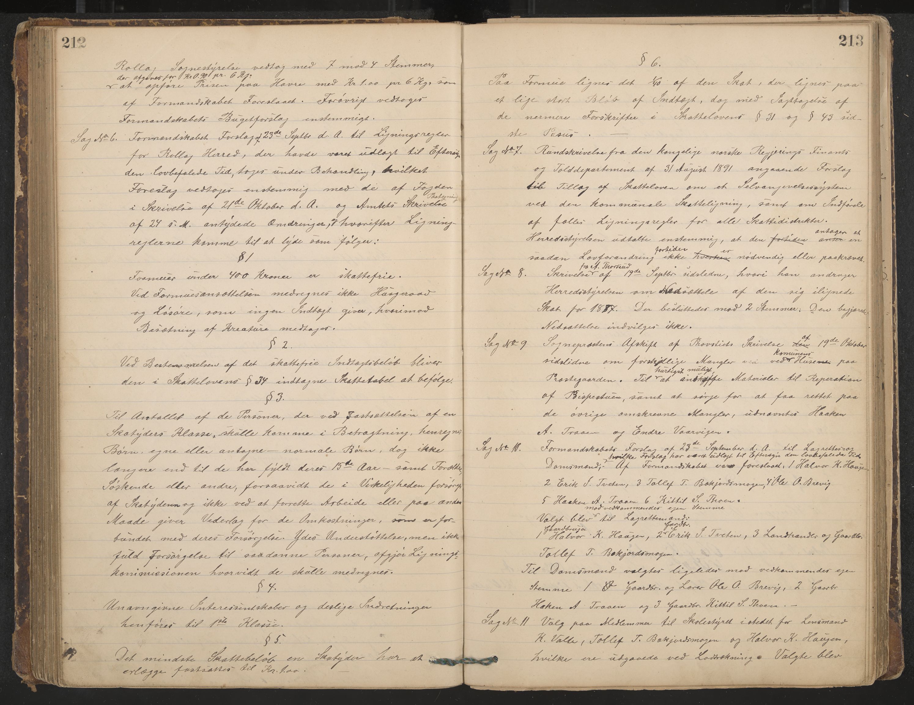 Rollag formannskap og sentraladministrasjon, IKAK/0632021-2/A/Aa/L0003: Møtebok, 1884-1897, p. 212-213