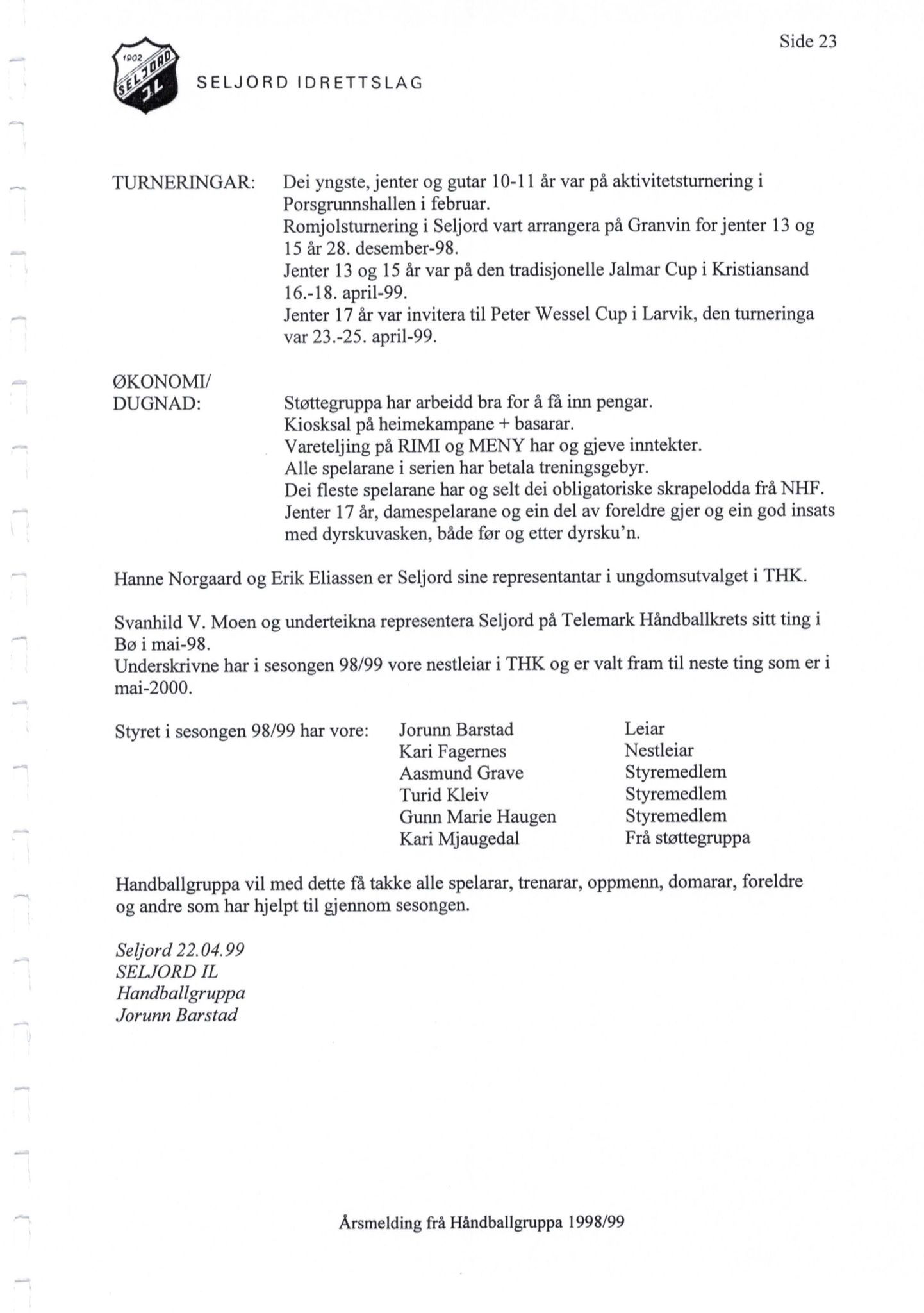Seljord Idrettslag, VTM/A-1034/A/Ab/L0002: Årsmeldingar, 1999, p. 23