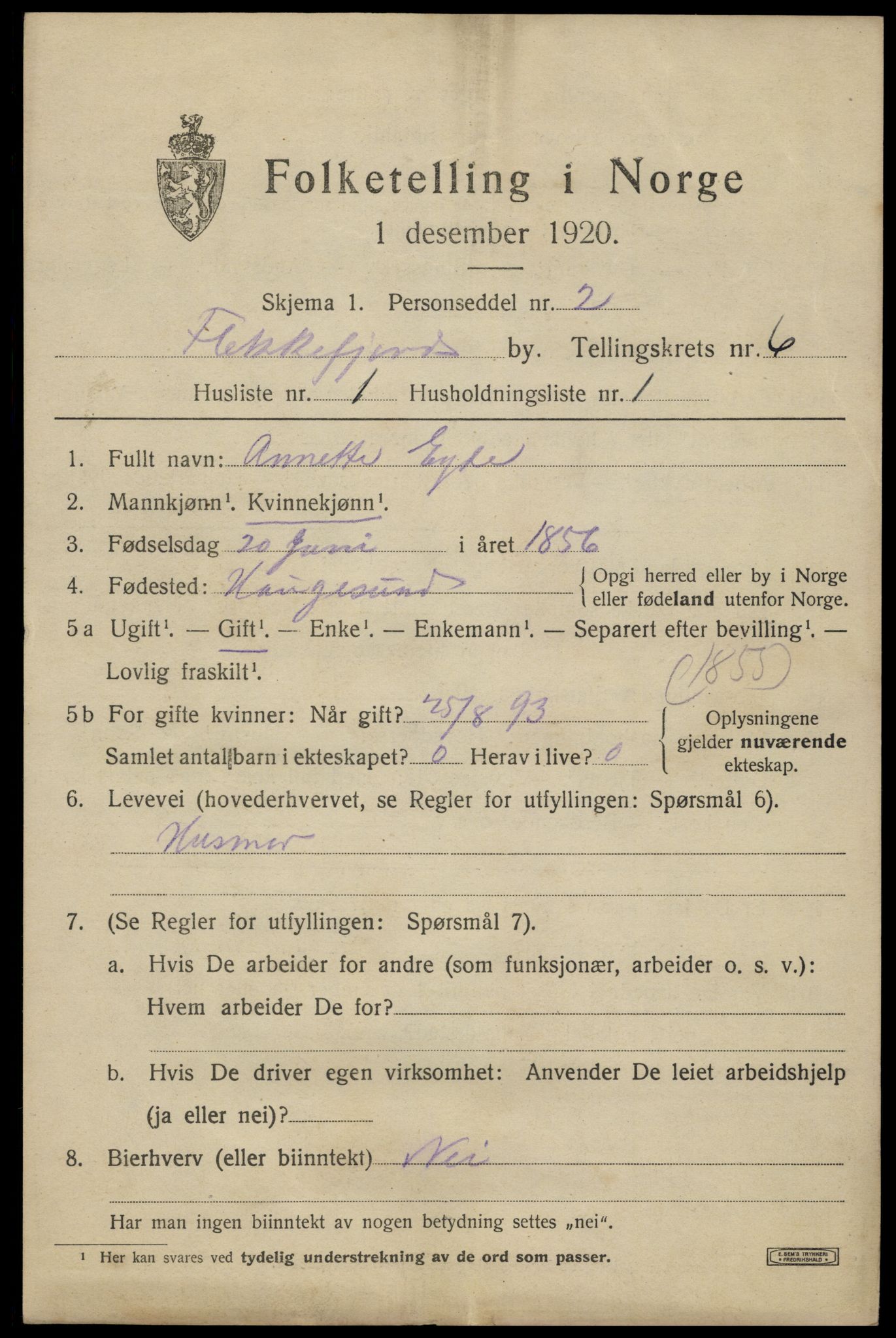 SAK, 1920 census for Flekkefjord, 1920, p. 5766