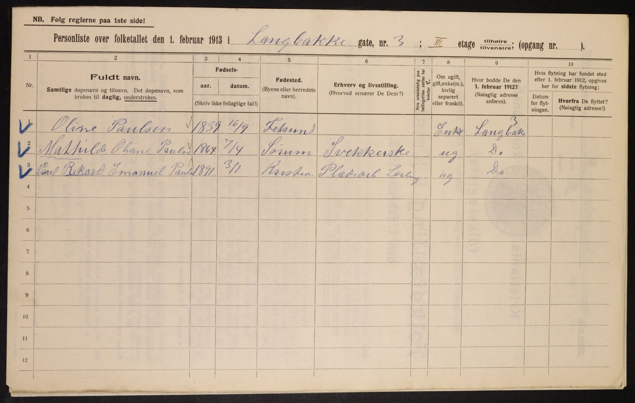 OBA, Municipal Census 1913 for Kristiania, 1913, p. 56033