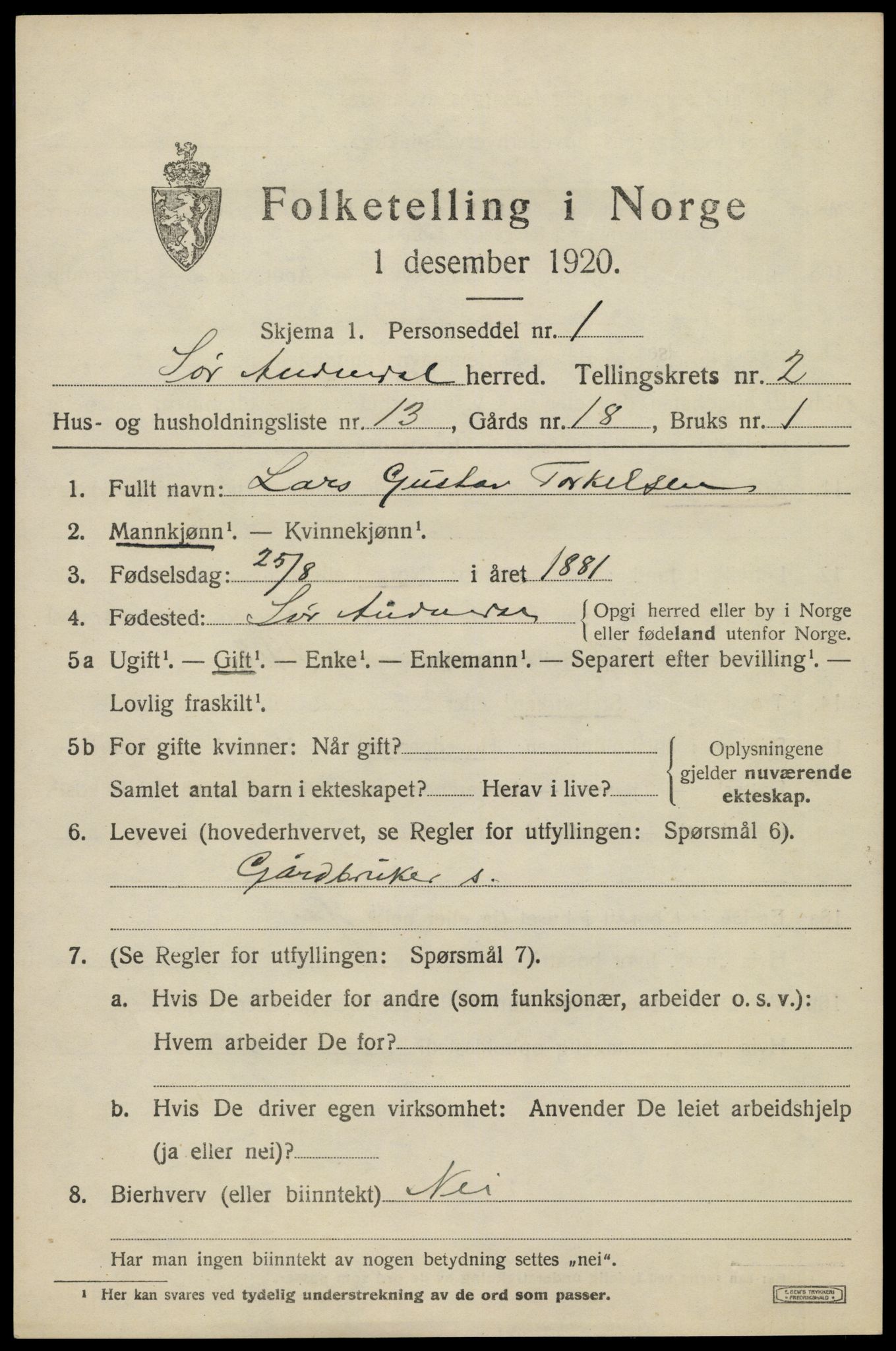 SAK, 1920 census for Sør-Audnedal, 1920, p. 1673