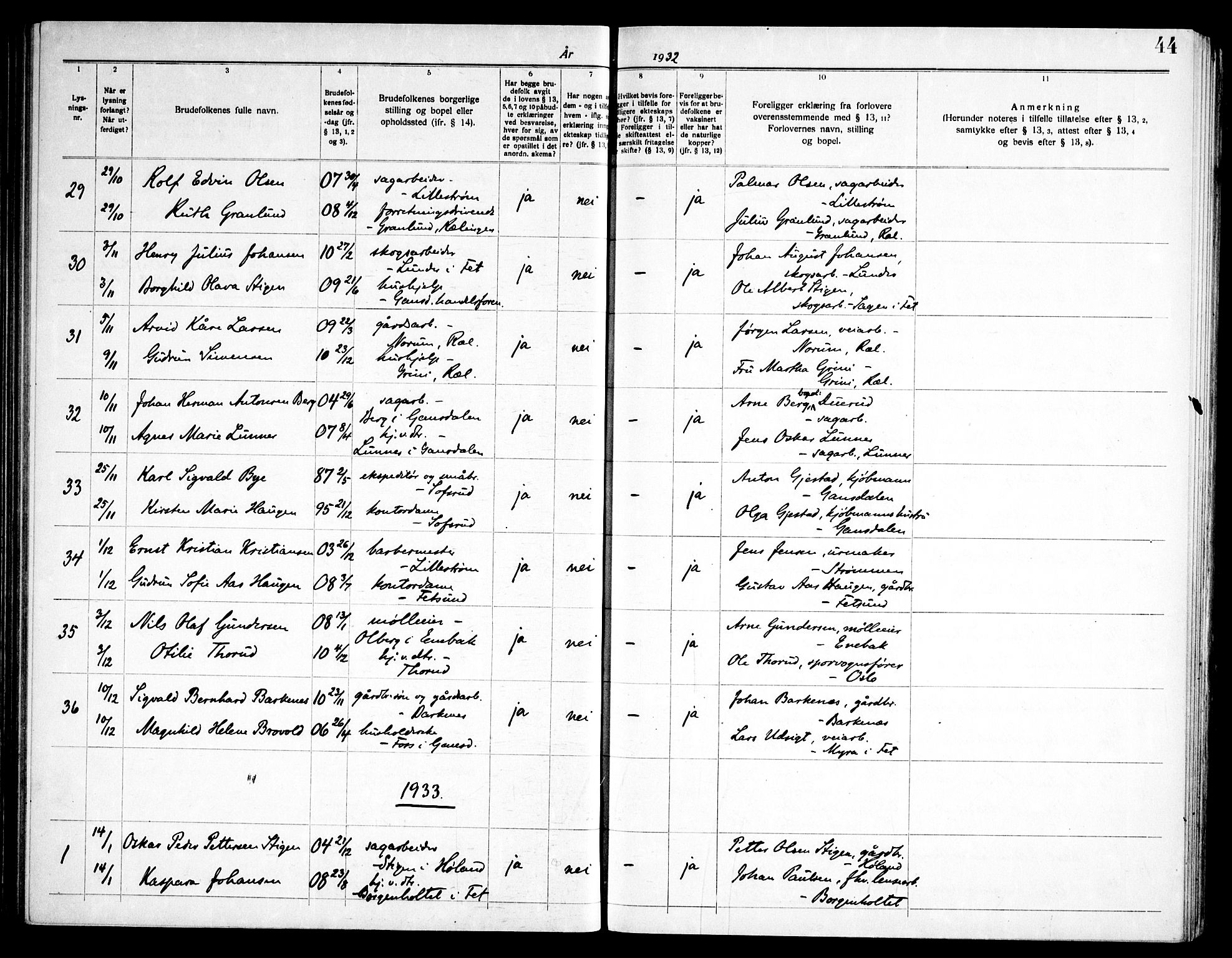 Fet prestekontor Kirkebøker, AV/SAO-A-10370a/H/Ha/L0002: Banns register no. 2, 1919-1948, p. 44