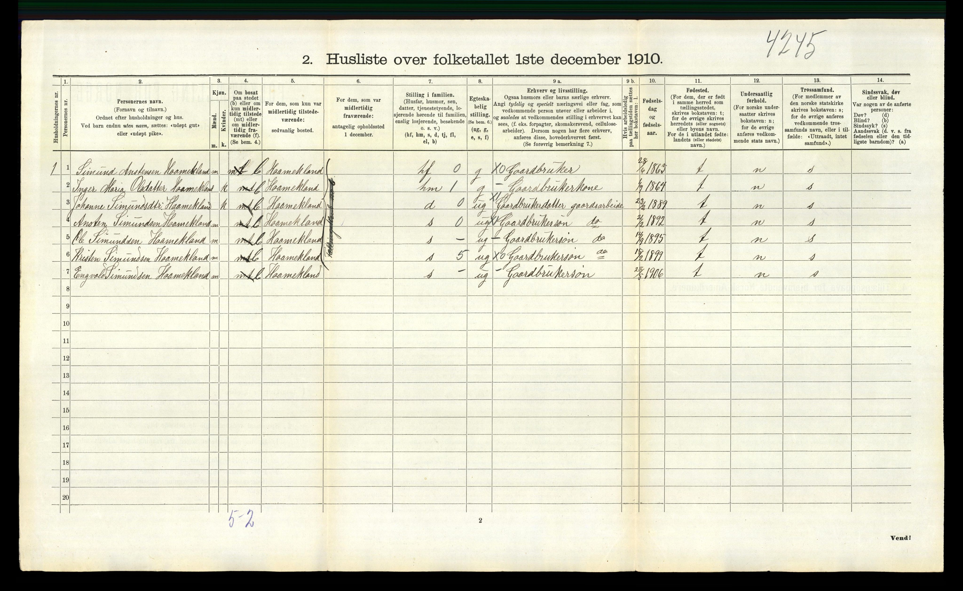 RA, 1910 census for Hægebostad, 1910, p. 416