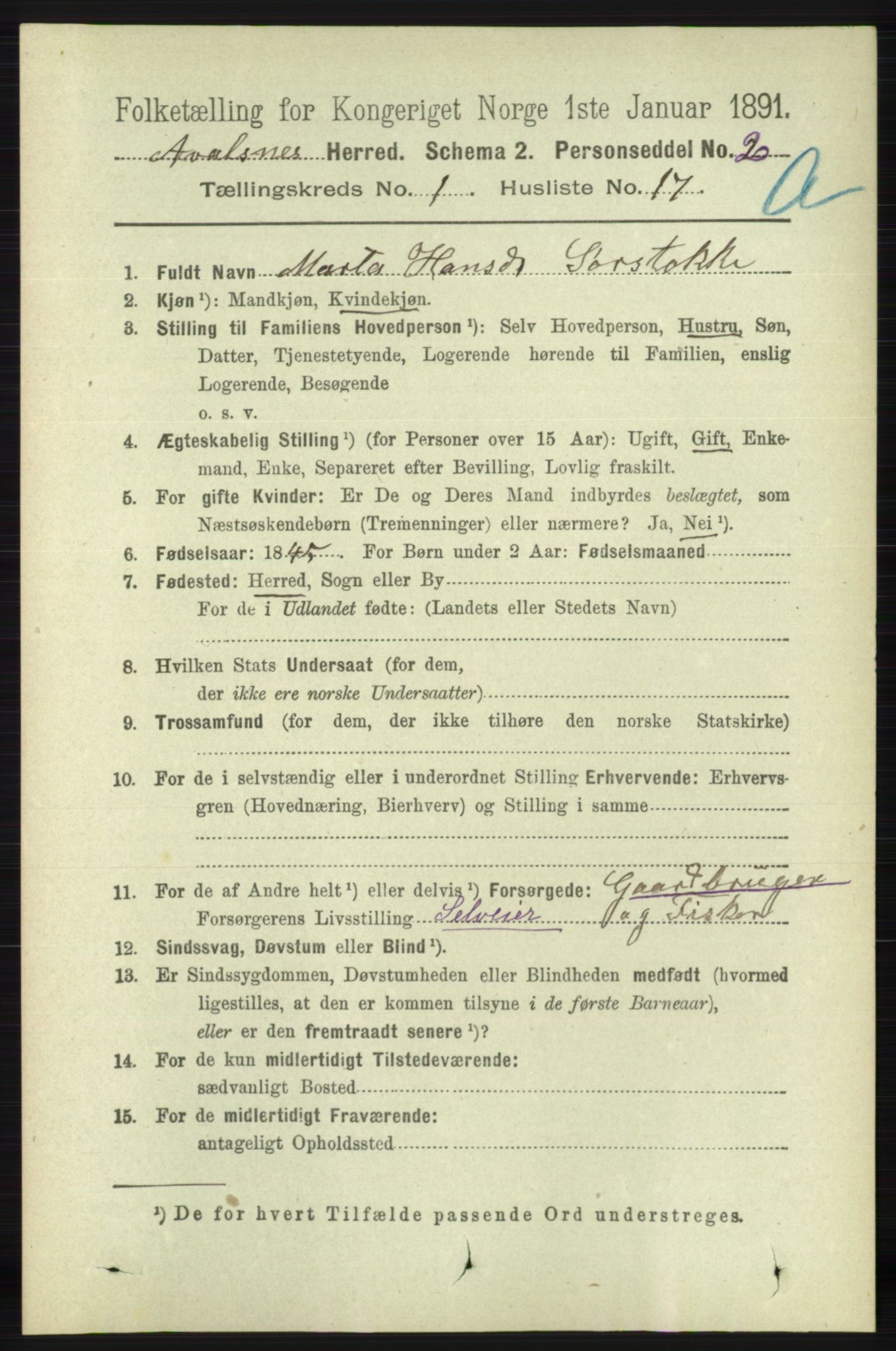 RA, 1891 census for 1147 Avaldsnes, 1891, p. 251