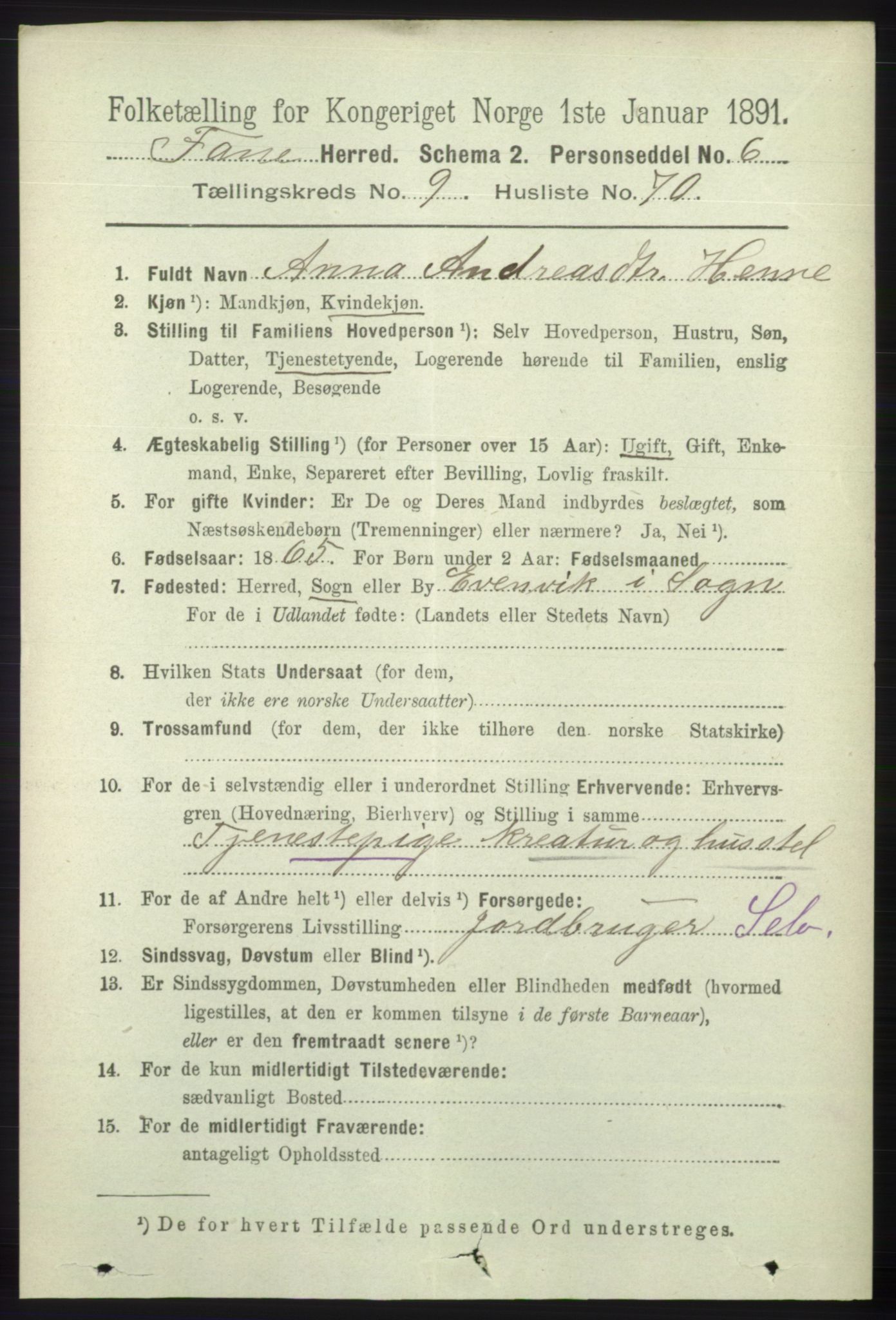 RA, 1891 census for 1249 Fana, 1891, p. 5346