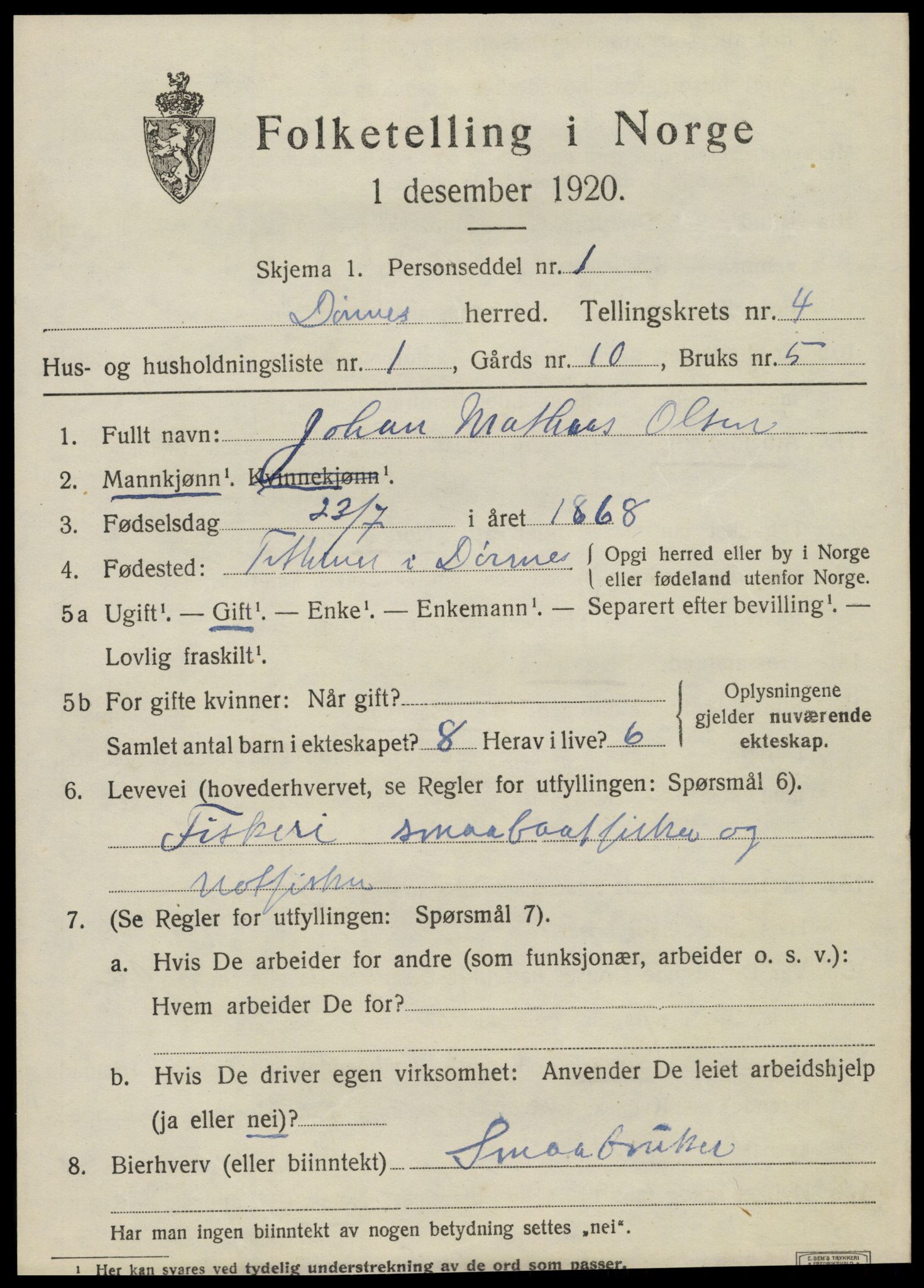 SAT, 1920 census for Dønnes, 1920, p. 2152