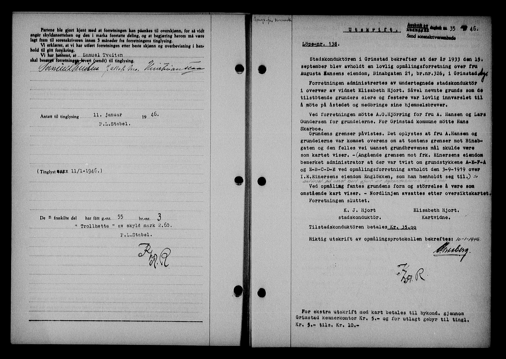 Vestre Nedenes/Sand sorenskriveri, AV/SAK-1221-0010/G/Gb/Gba/L0054: Mortgage book no. A 7, 1945-1946, Diary no: : 35/1946