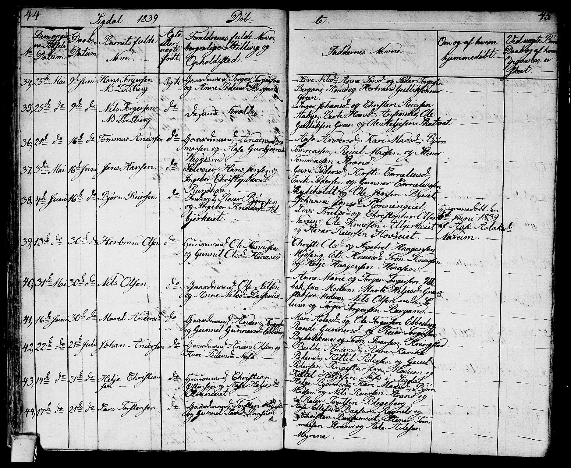 Sigdal kirkebøker, AV/SAKO-A-245/G/Ga/L0002: Parish register (copy) no. I 2, 1835-1856, p. 44-45