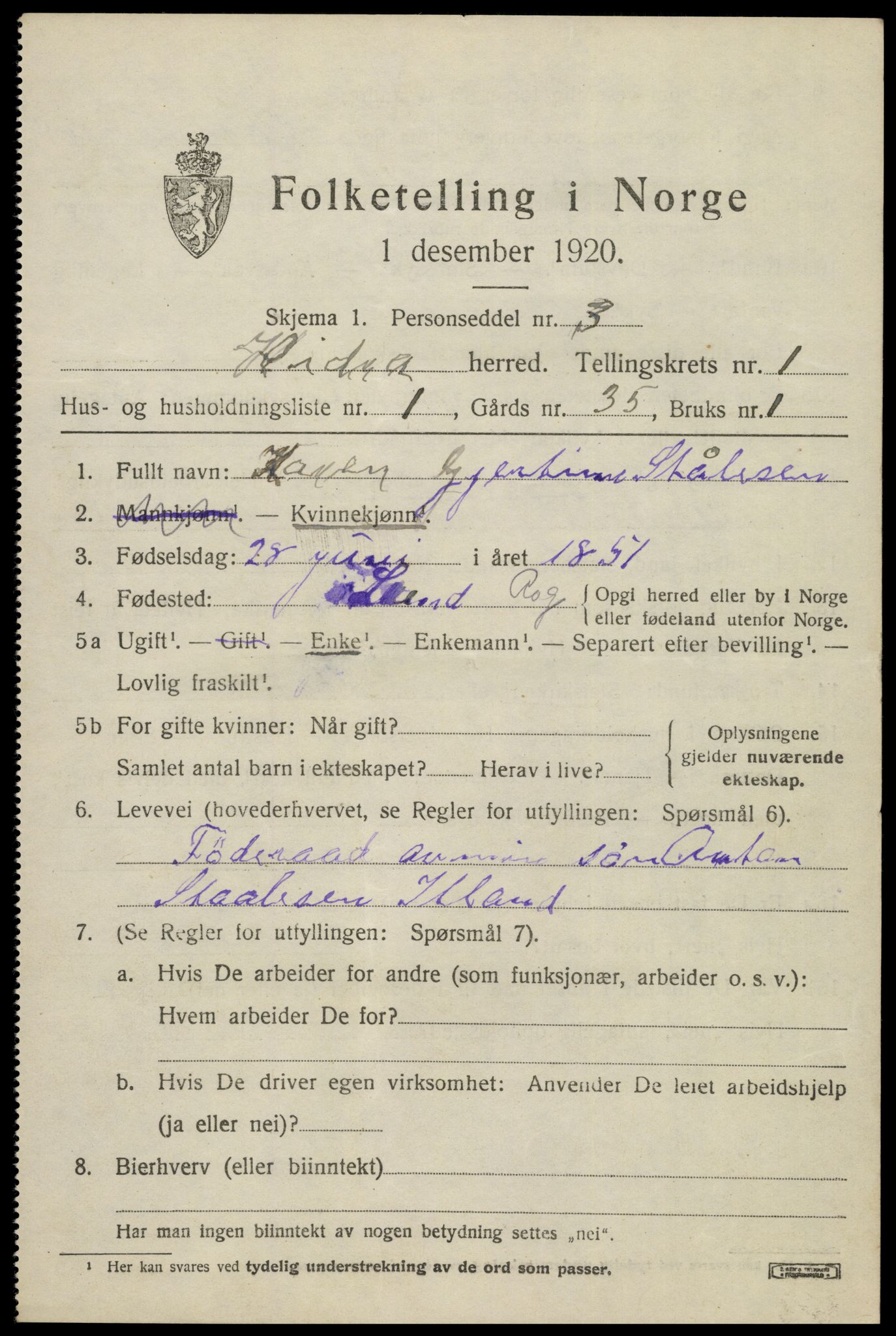 SAK, 1920 census for Hidra, 1920, p. 828