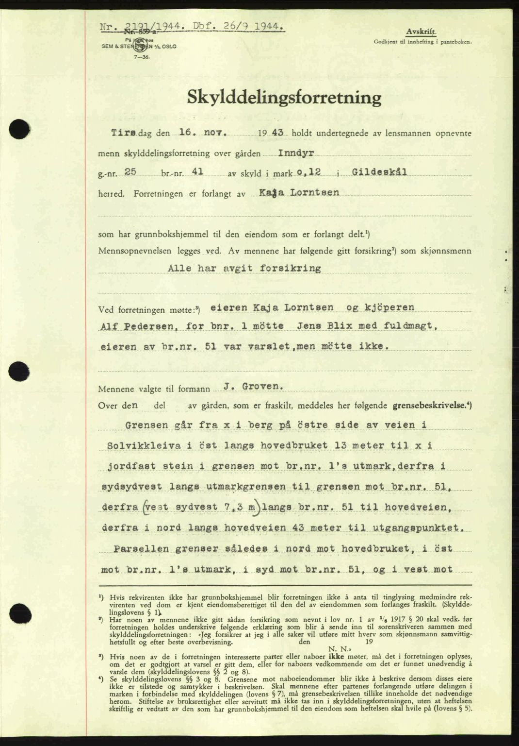 Salten sorenskriveri, AV/SAT-A-4578/1/2/2C: Mortgage book no. A14-15, 1943-1945, Diary no: : 2191/1944