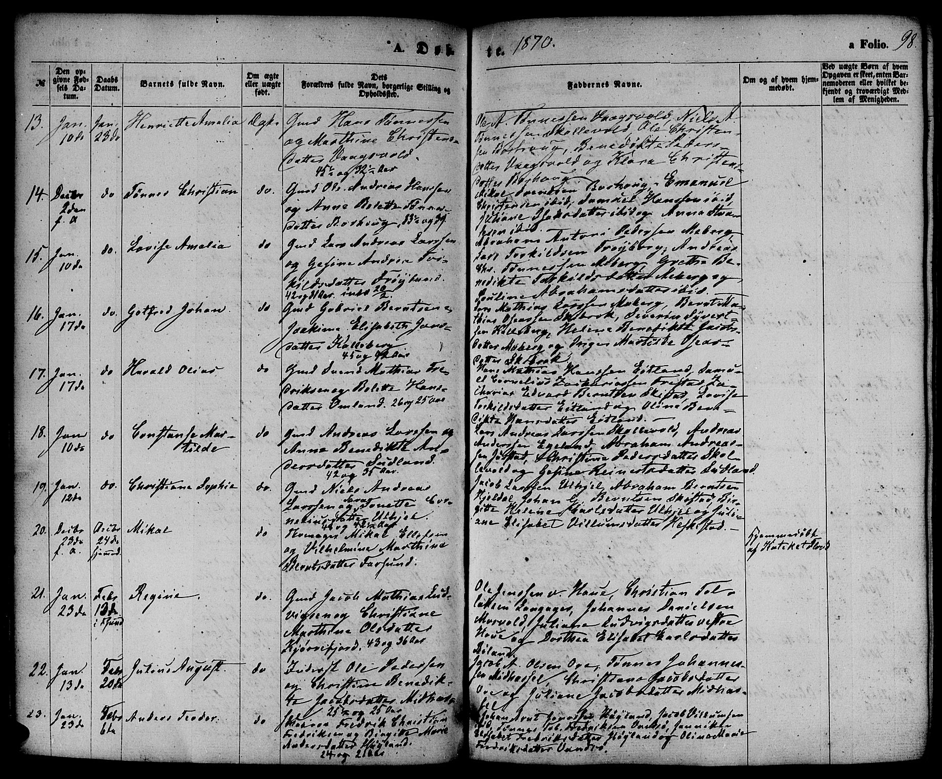 Lista sokneprestkontor, SAK/1111-0027/F/Fb/L0003: Parish register (copy) no. B 3, 1862-1877, p. 98
