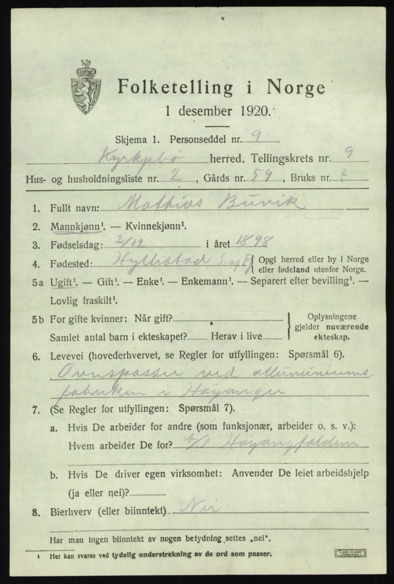 SAB, 1920 census for Kyrkjebø, 1920, p. 3917