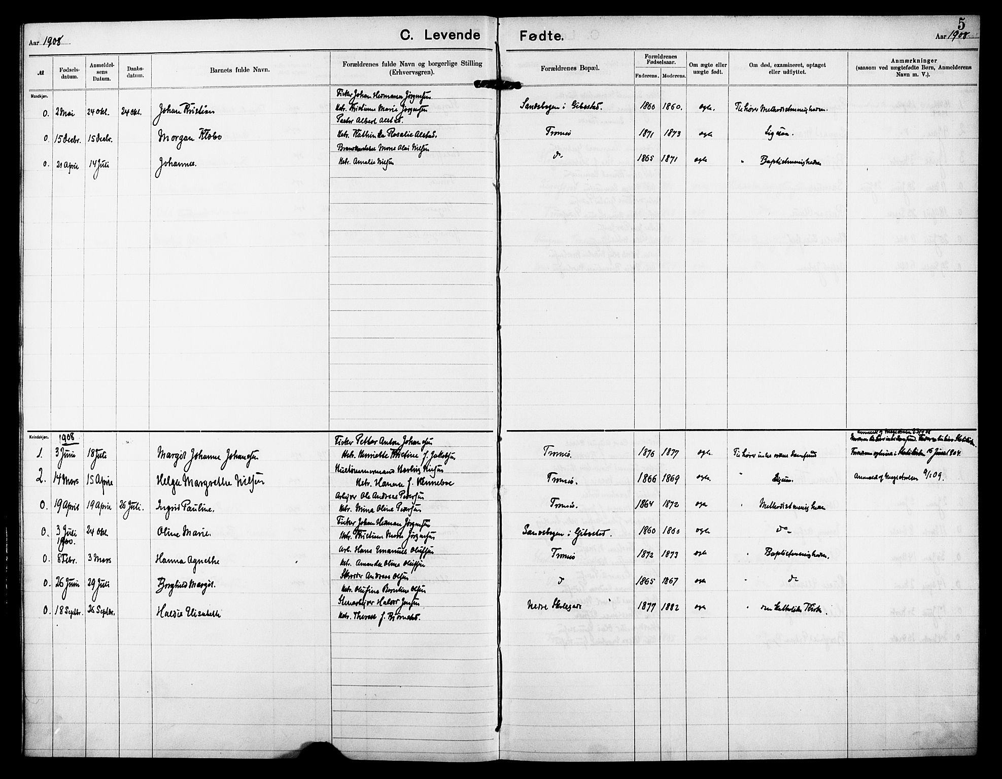 Tromsø sokneprestkontor/stiftsprosti/domprosti, SATØ/S-1343/G/Ge/L0068: Dissenter register no. 68, 1907-1917, p. 5