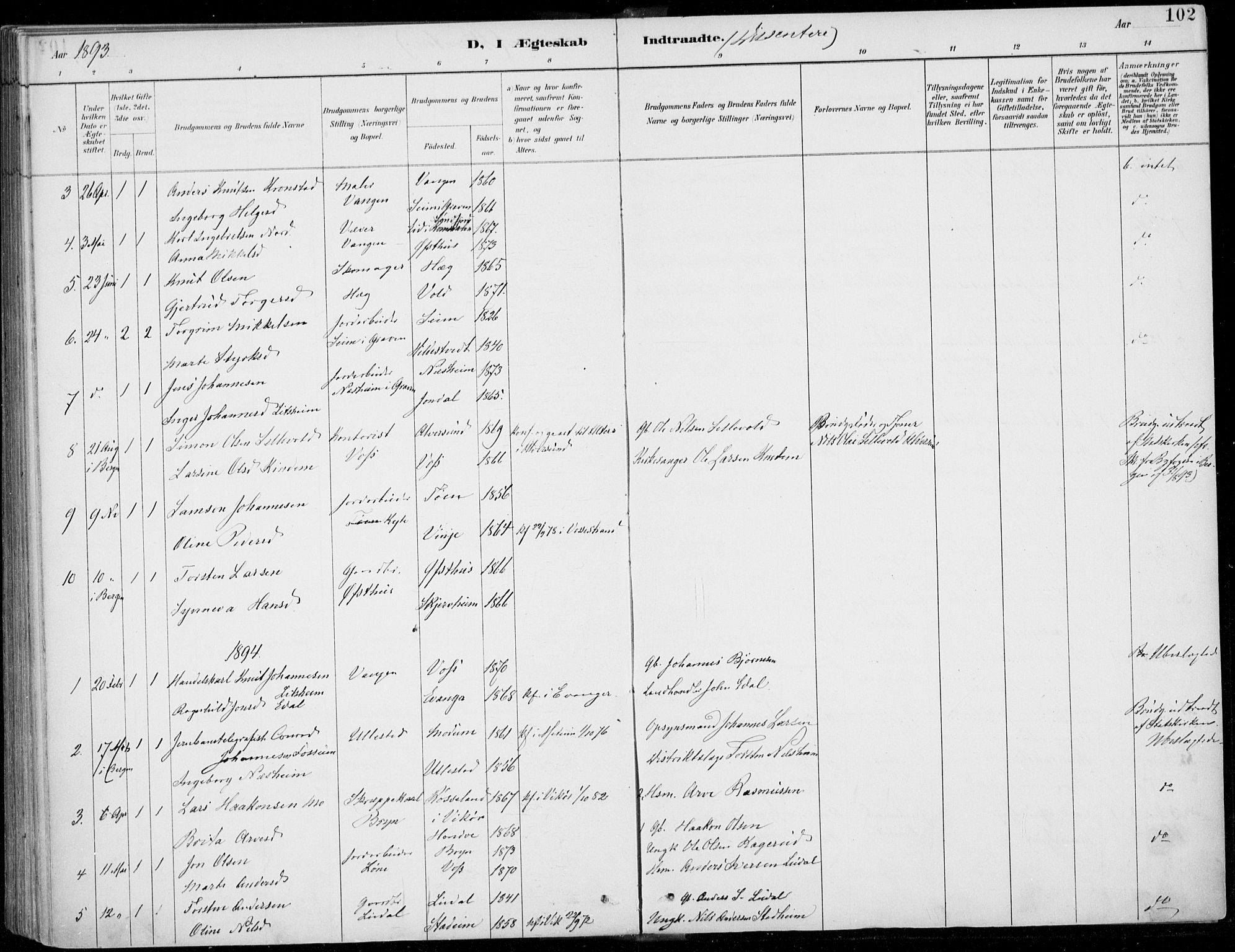 Voss sokneprestembete, SAB/A-79001/H/Haa: Parish register (official) no. C  1, 1887-1915, p. 102