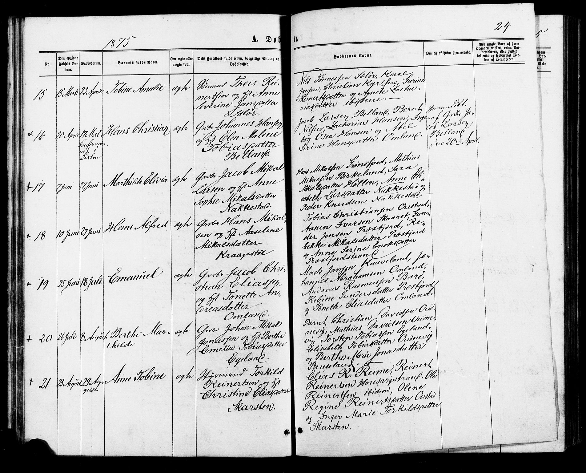 Lyngdal sokneprestkontor, AV/SAK-1111-0029/F/Fa/Faa/L0003: Parish register (official) no. A 3, 1871-1882, p. 24