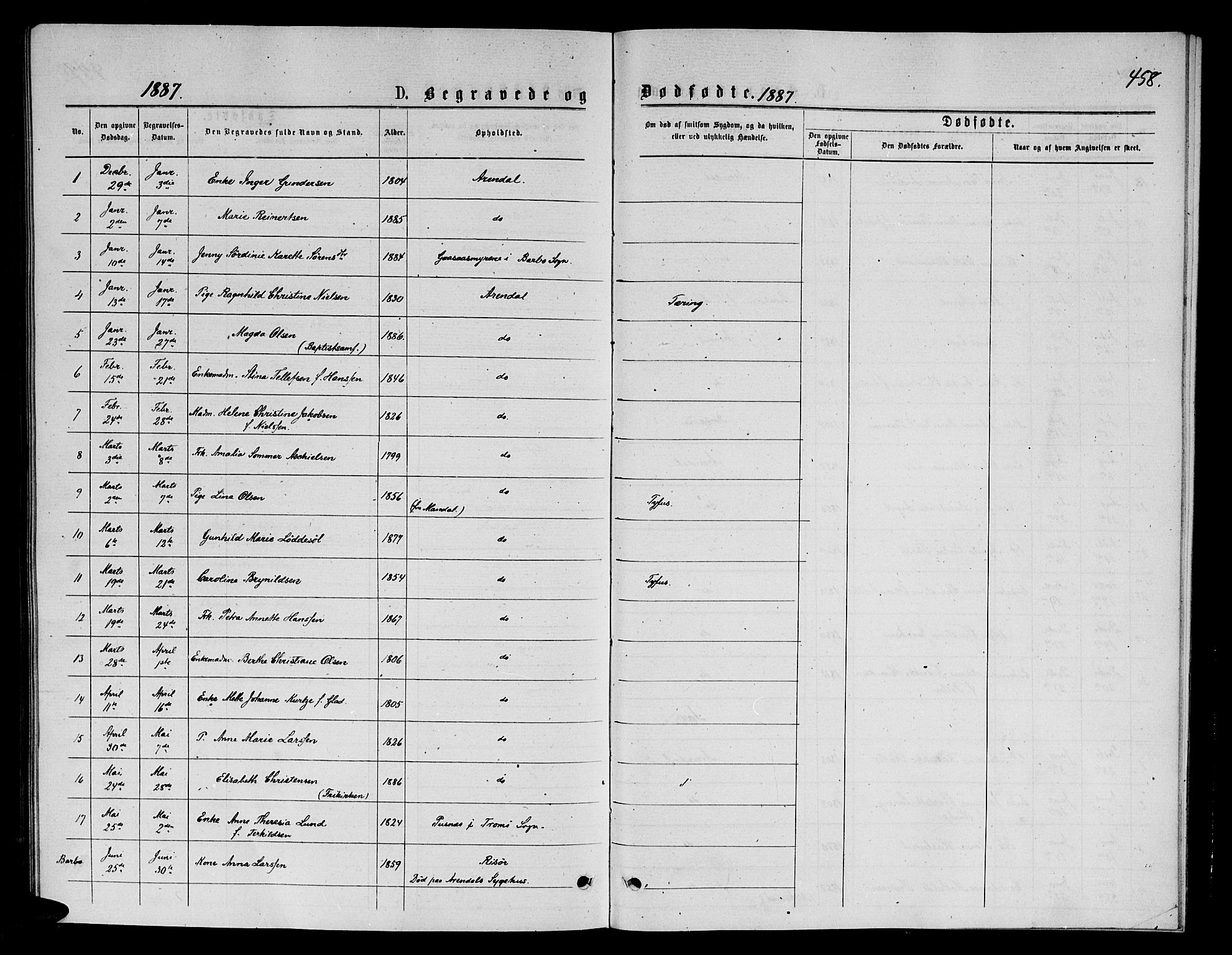 Arendal sokneprestkontor, Trefoldighet, AV/SAK-1111-0040/F/Fb/L0005: Parish register (copy) no. B 5, 1874-1888, p. 458